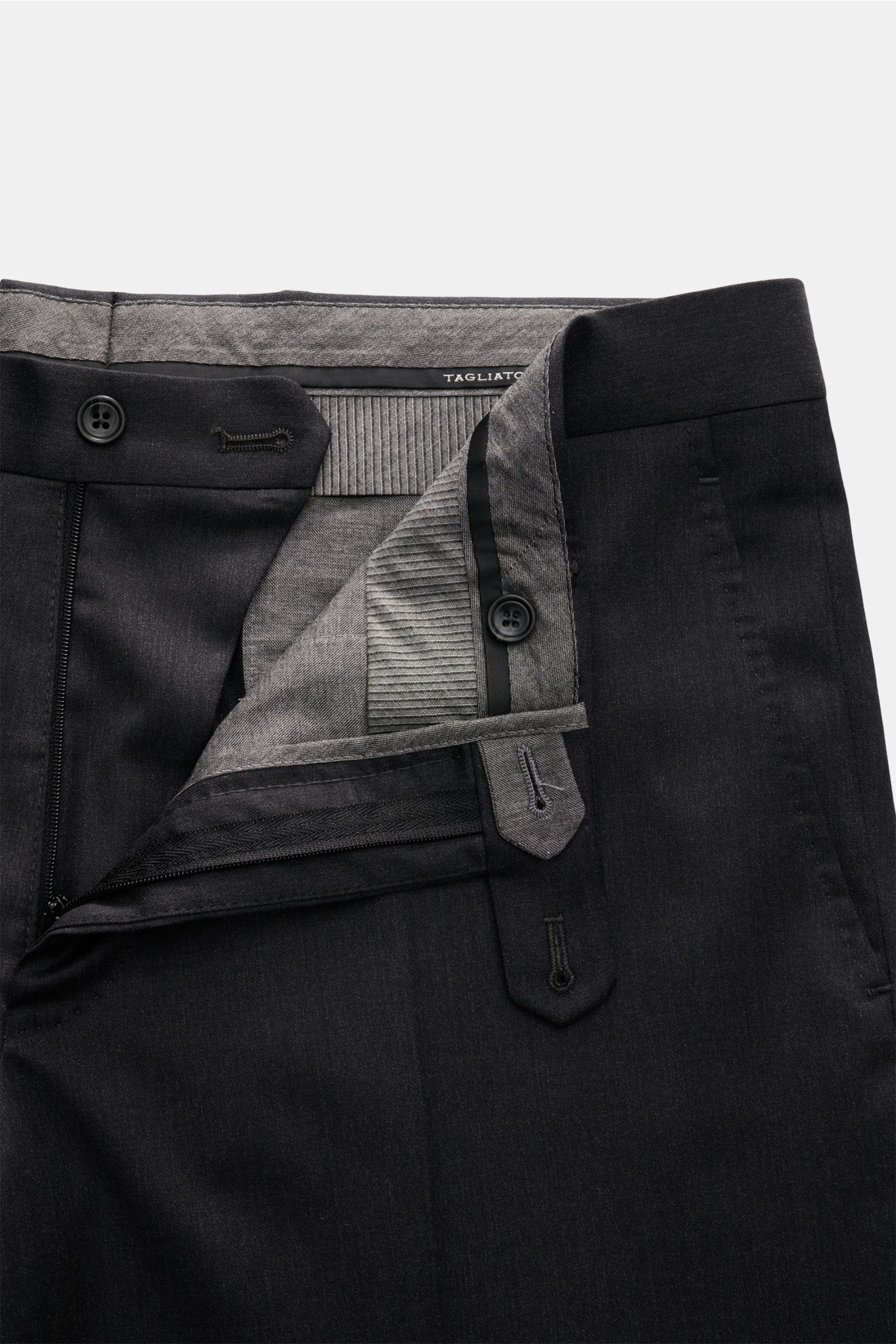 Close-up front view of the waistband and zipper area of the Tagliatore Anzug 'Vesuvio' dunkelgrau meliert trousers, showcasing the mix of fine virgin wool and silk fabric.