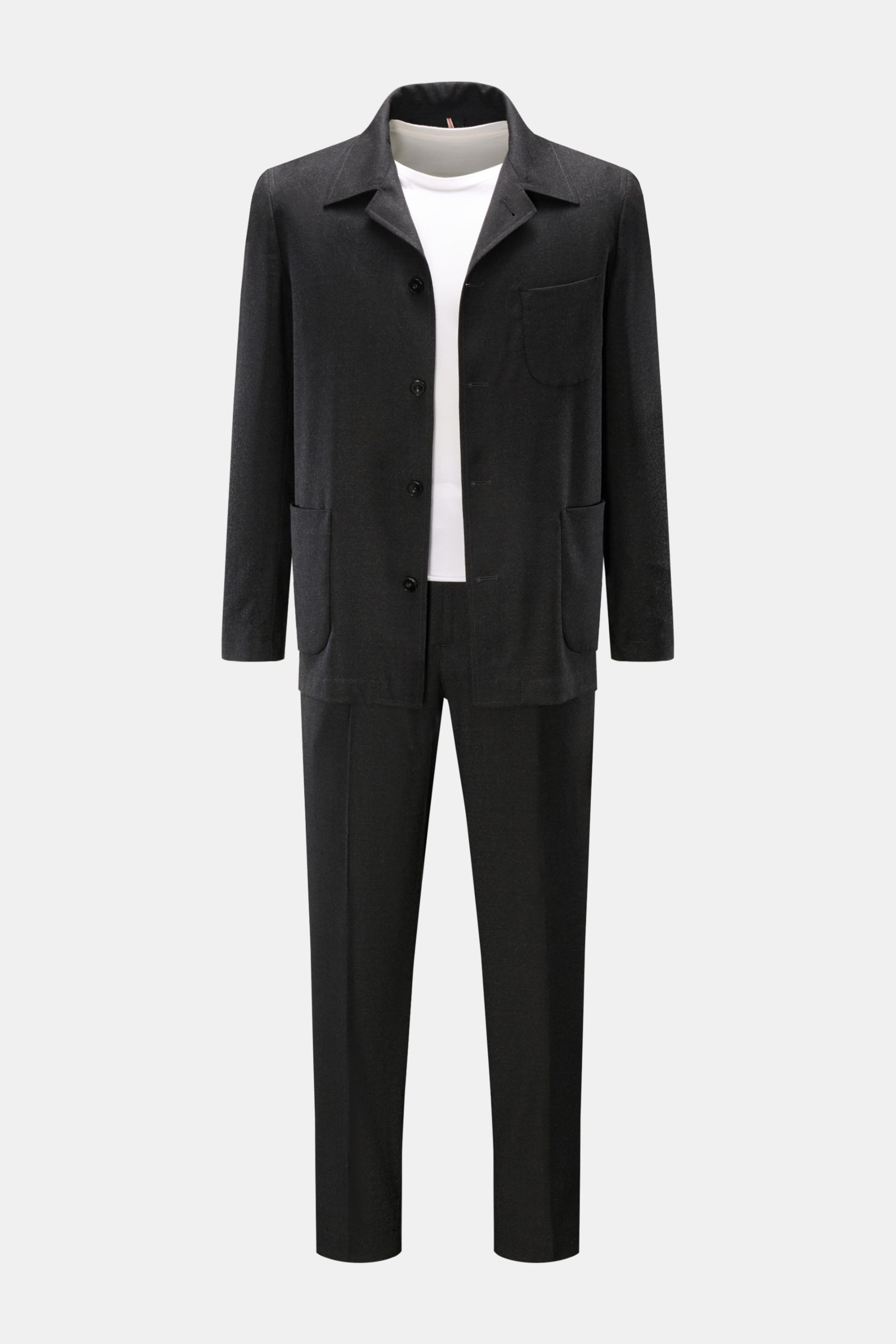 Front view of Santaniello Anzug dunkelgrau meliert, a casual wool-microfiber blend suit with overshirt-style jacket and slim trousers, regular fit.