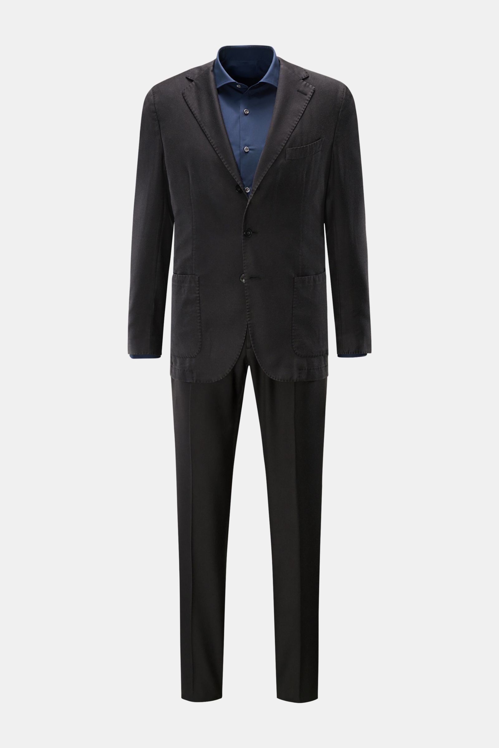 Santaniello Anzug dunkelgrau front view, slim fit suit in pure Super 110's wool with soft touch, vintage effect, three-button jacket, classic pockets, and tapered pants.