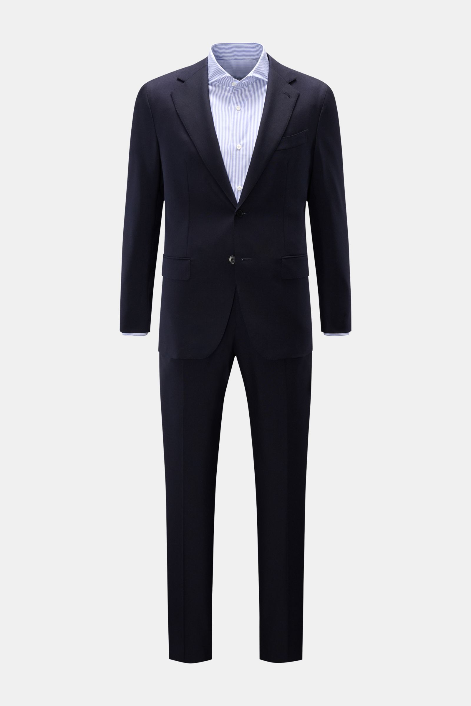 Caruso Anzug 'Aida' navy in Slim Fit, aus reiner Wolle, frontale Ansicht mit tailliertem Sakko, fallendem Revers und klassischer Hose.