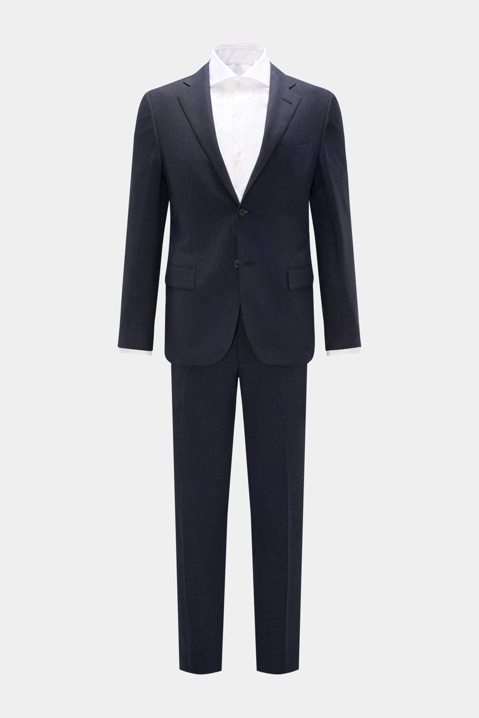 Frontansicht des Corneliani Anzugs navy meliert aus Schurwolle, Seide und Leinen, Slim Fit, tailliertes Zwei-Knopf-Sakko mit fallendem Revers, Brusttasche, Hüfttaschen mit Patte, unfertigen Ärmelabschlüssen, Seitenschlitzen, vier Innentaschen, geschmeidig
