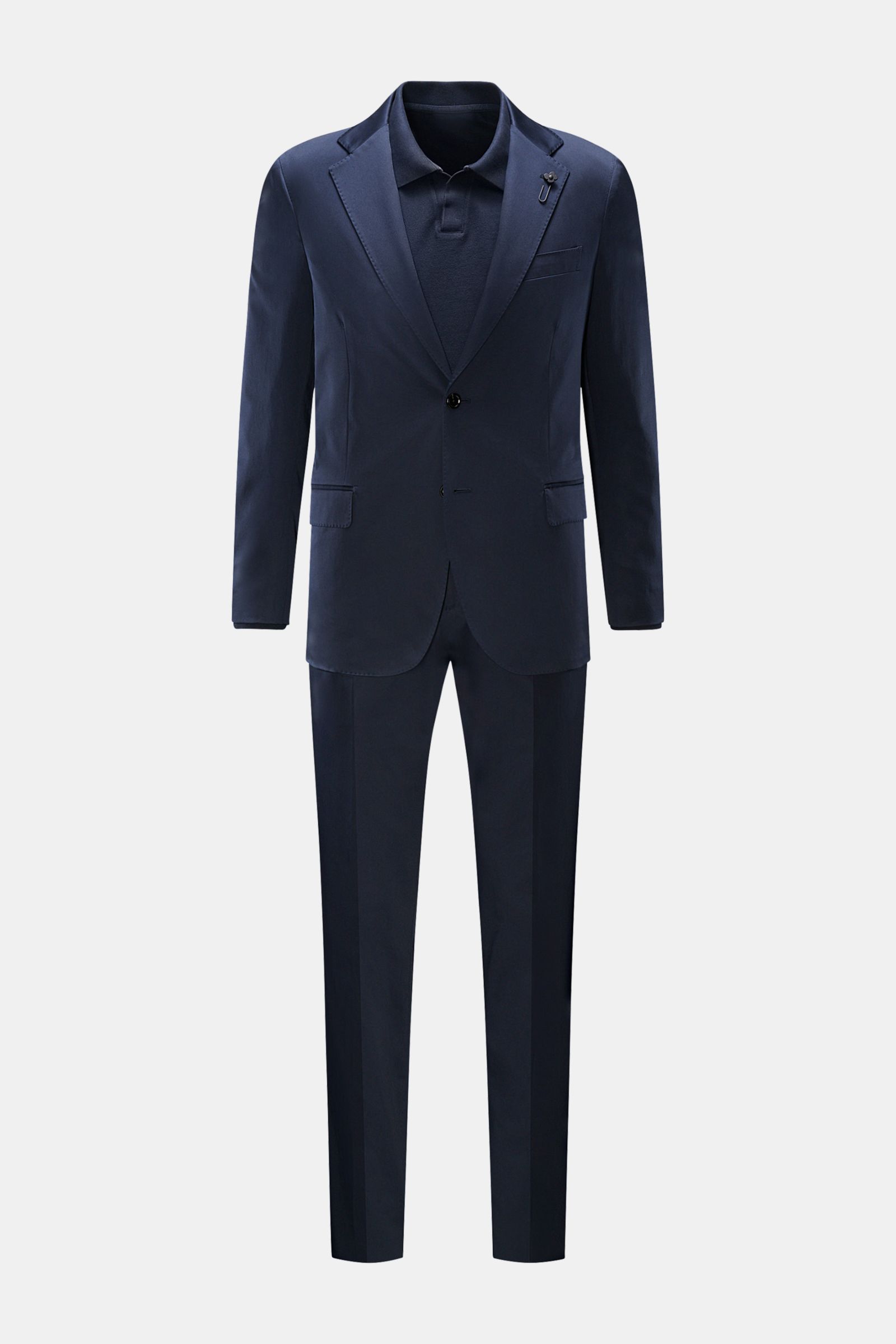 Lardini Anzug navy aus elastischer Baumwolle, Slim Fit Sakko mit fallendem Revers, zwei Knöpfen, und reguläre Hose, frontal fotografiert.