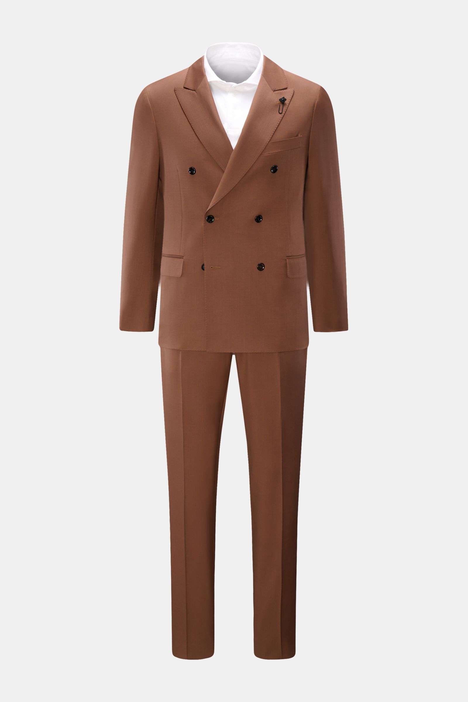 Lardini Anzug braun aus reiner Schurwolle, Slim Fit Sakko mit floralem Pin, zweireihig, Regular Fit Hose, Frontansicht, edler Look.