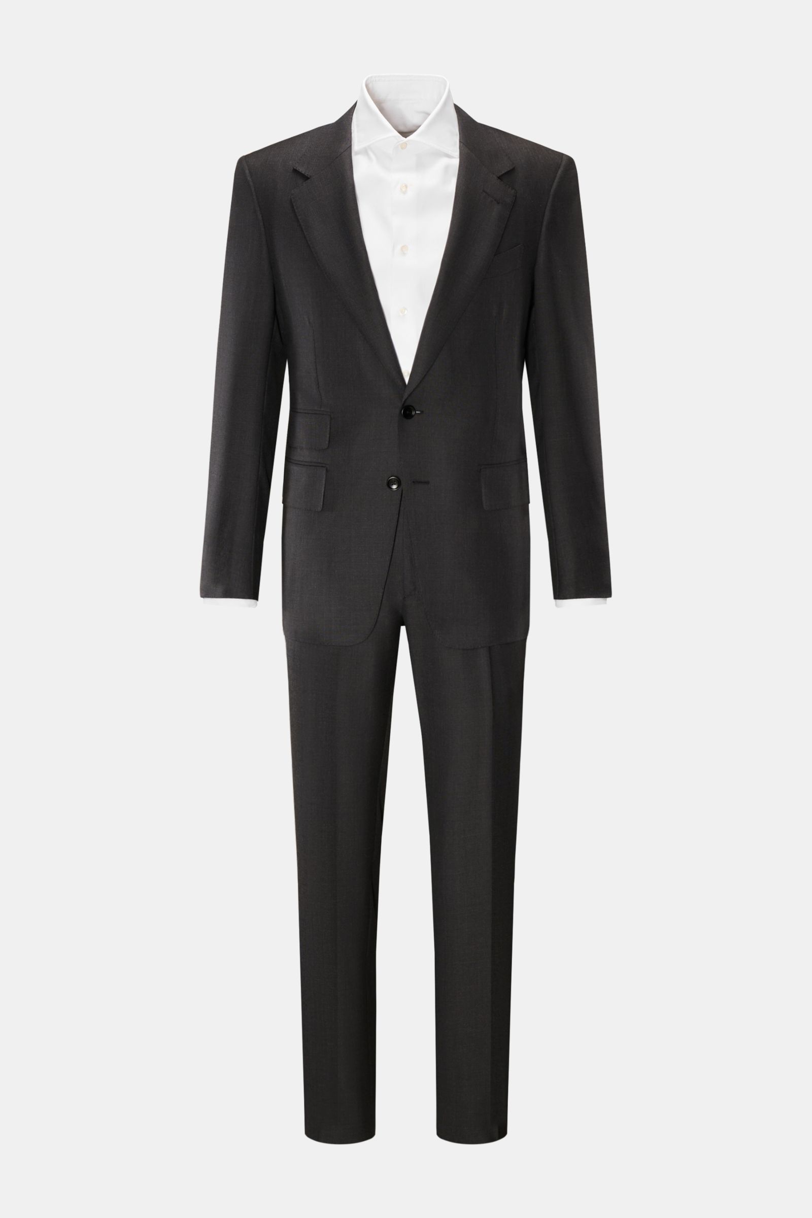 Front view of the Tom Ford Anzug 'Shelton' anthrazit meliert, a slim fit suit in pure wool with a tailored two-button jacket and tapered pants with side adjusters.