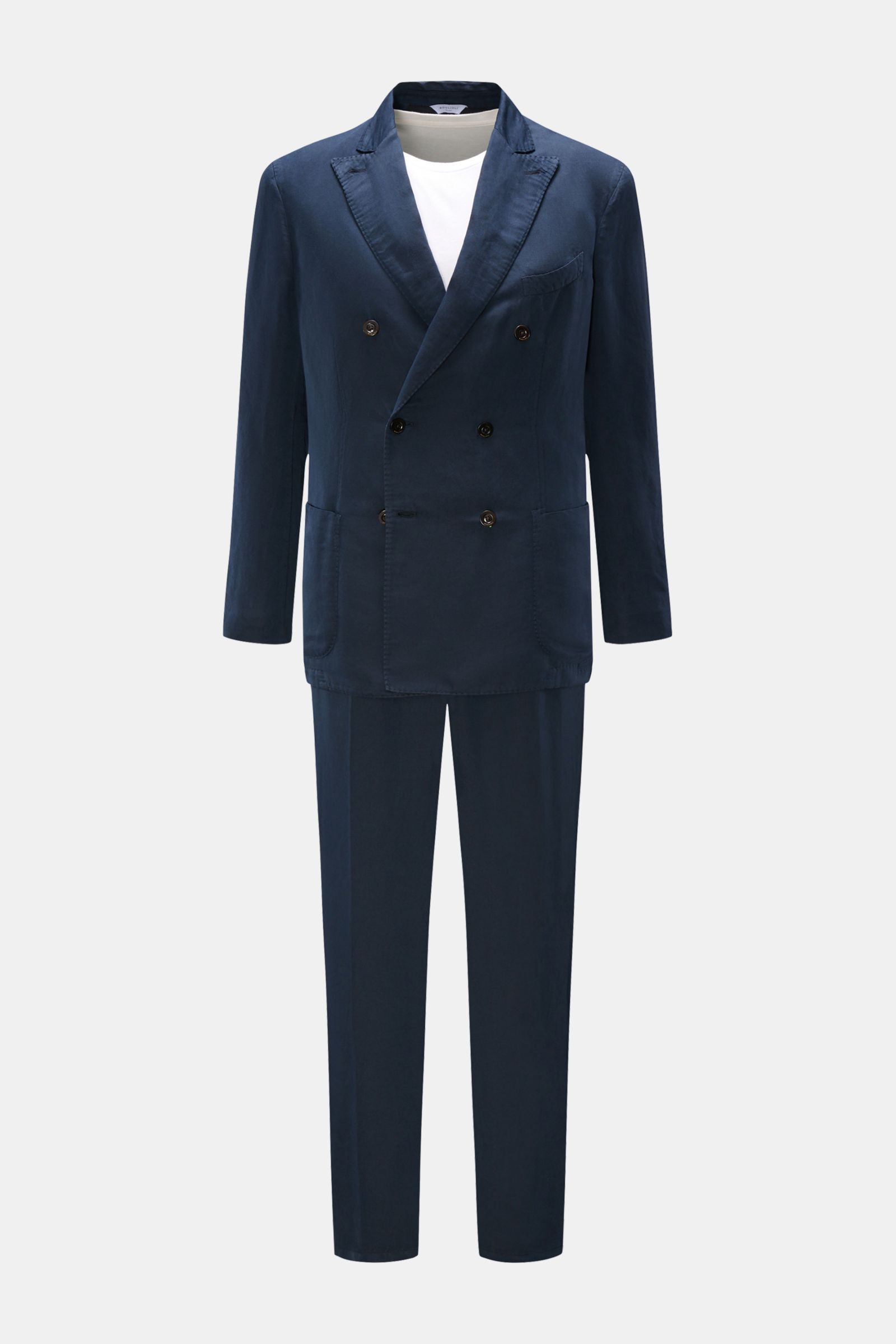 Boglioli Anzug 'K. Jacket' navy, frontal fotografiert, zweireihiges Sakko mit fallendem Revers, Slim Fit Hose aus Baumwoll-Leinen-Mix.