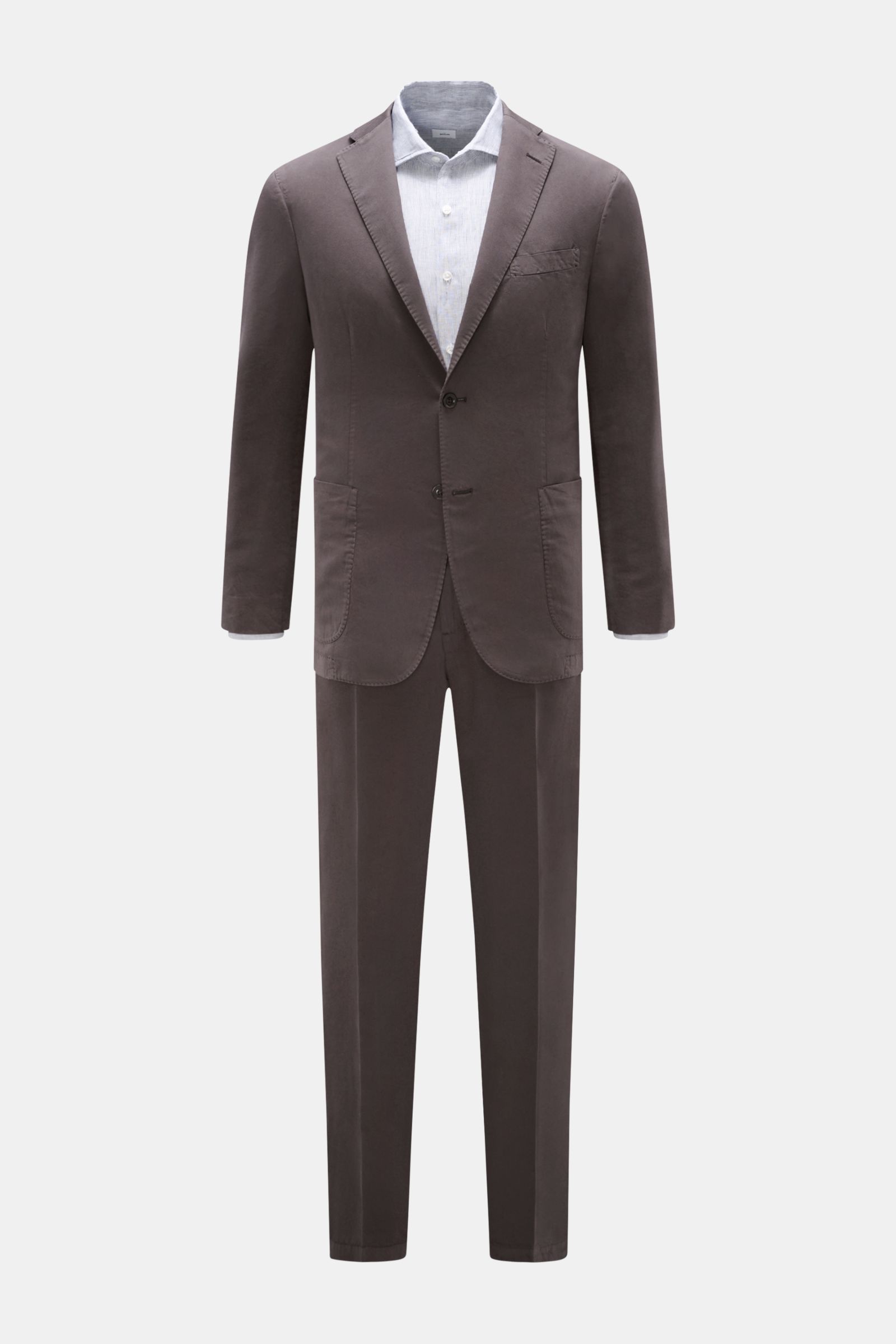 Boglioli Anzug 'K. Jacket' dunkelbraun, frontal, Baumwolle-Seide Twill, Slim Fit, Unconstructed Sakko mit Zwei-Knopf-Stil, Hose schmal zulaufend.