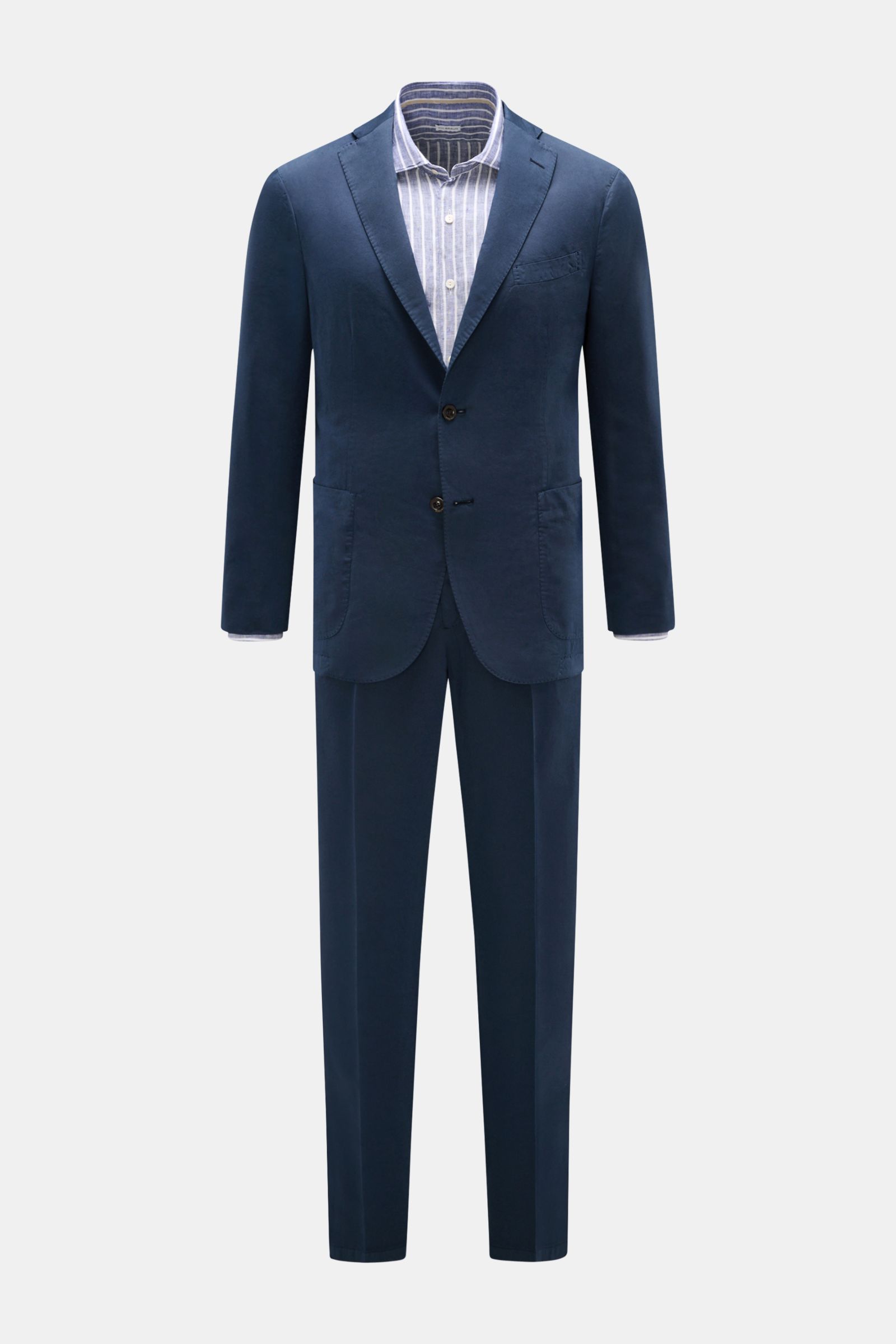 Boglioli Anzug 'K. Jacket' dunkelblau, frontale Ansicht, tailliertes Sakko mit fallendem Revers, Baumwolle-Seide, Slim Fit, lässiges Unconstructed-Design.