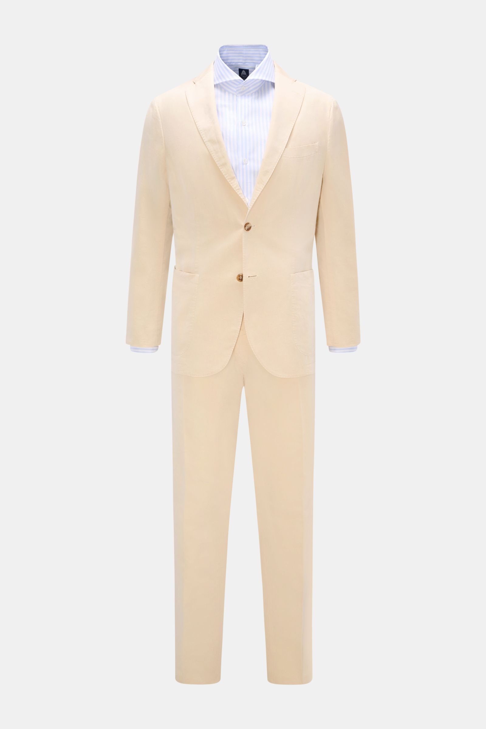 Boglioli Anzug 'K. Jacket' sand, frontal fotografiert, Slim Fit, tailliertes Sakko mit fallendem Revers, Baumwolle-Seide, garment dyed.