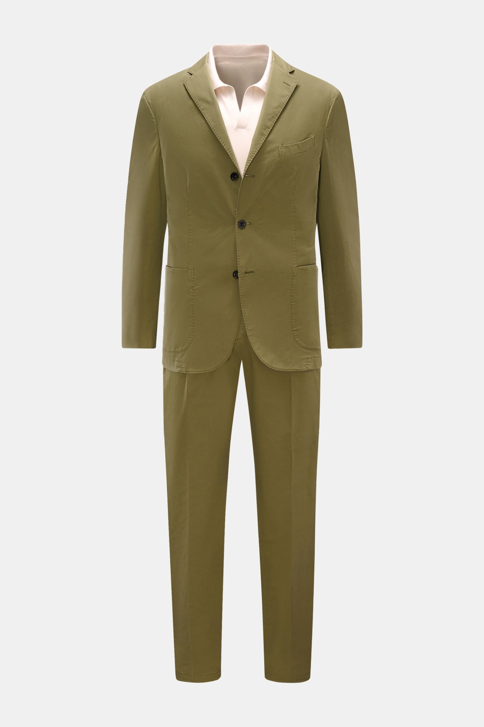 Boglioli Anzug 'K. Jacket' oliv, frontale Ansicht, legerer Slim Fit mit tailliertem Sakko, Baumwoll-Twill, leicht elastisch, weicher Griff, Hose schmal zulaufend.