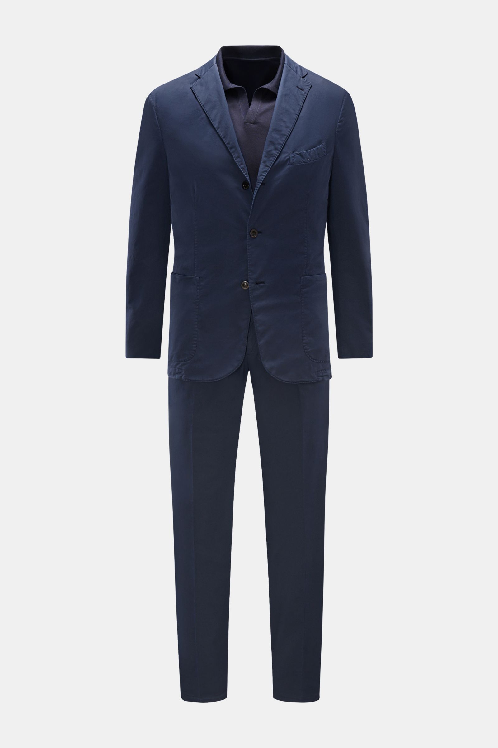 Boglioli Anzug 'K. Jacket' navy in Slim Fit, frontale Aufnahme, Baumwoll-Twill, tailliertes Sakko, schmal zulaufende Hose, leicht elastisch.