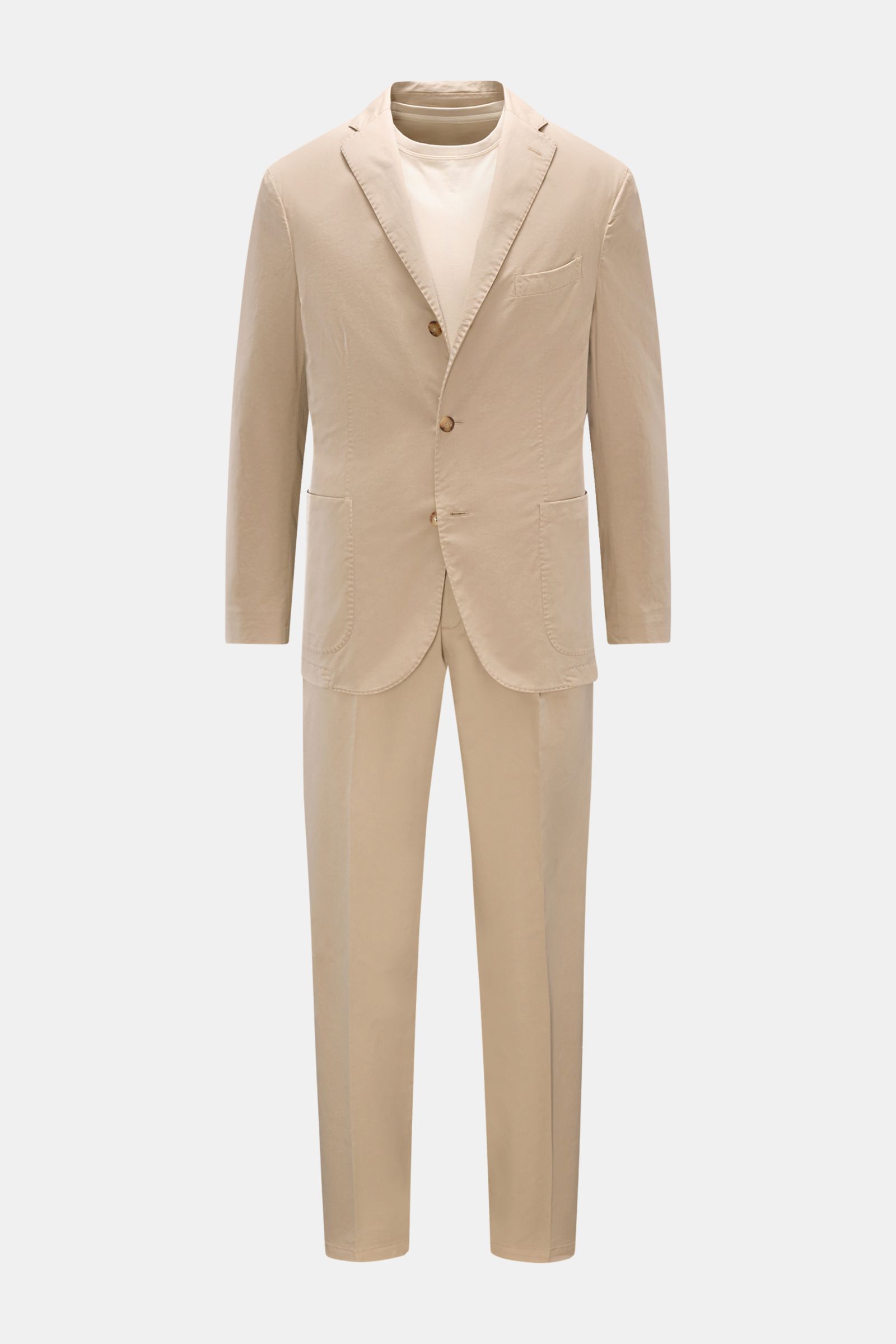 Beige Boglioli Anzug 'K. Jacket' in Slim Fit, frontale Ansicht, Baumwoll-Twill, leicht elastisch mit tailliertem Sakko und schmal zulaufender Hose.