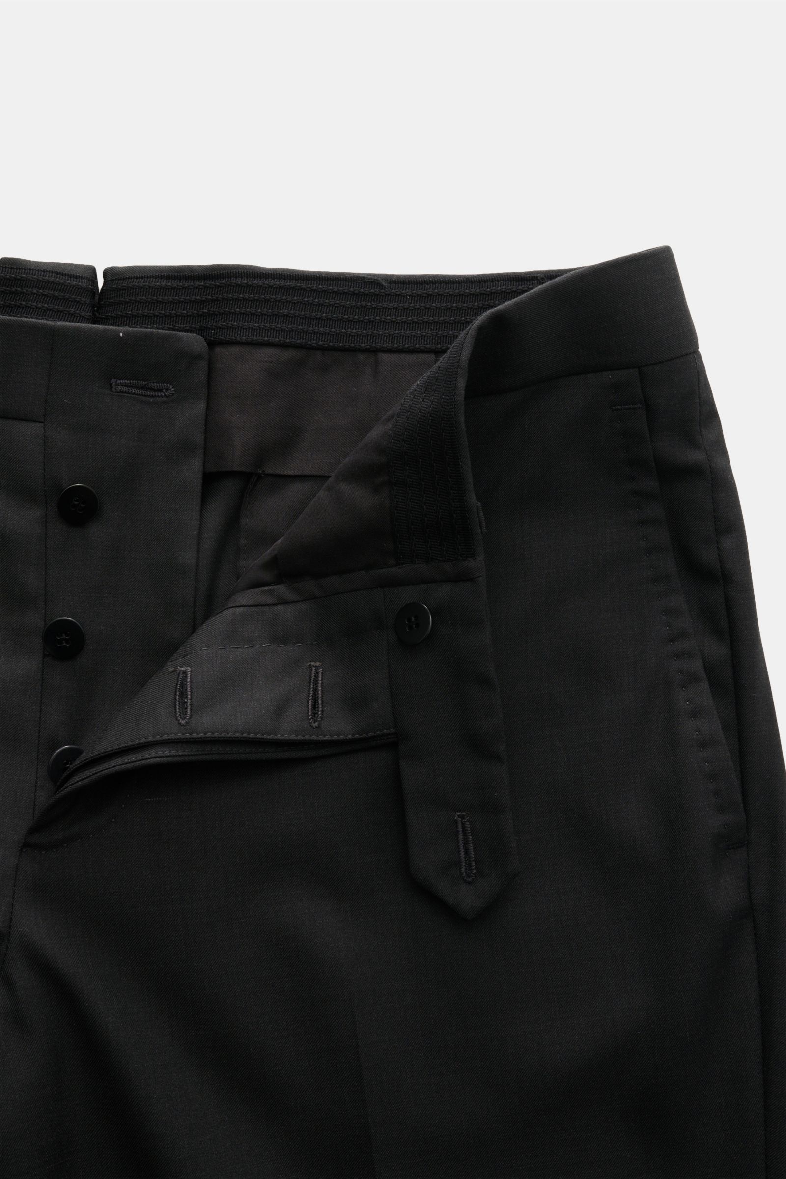 Stile Latino Anzug 'Vincenzo' anthrazit, Nahaufnahme der Button-Fly-Hose innen, feiner Twill, weiche reine Wolle, Slim Fit.