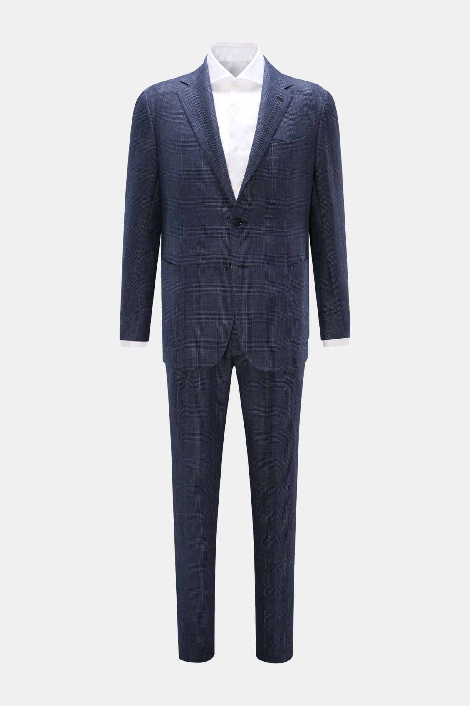 Stile Latino Anzug 'Vincenzo' navy/graublau kariert, Frontansicht, Slim Fit Zweiteiler mit Button Fly Hose, Drei-Knopf-Sakko, Prince-of-Wales Muster, Woll-Leinen-Mix.