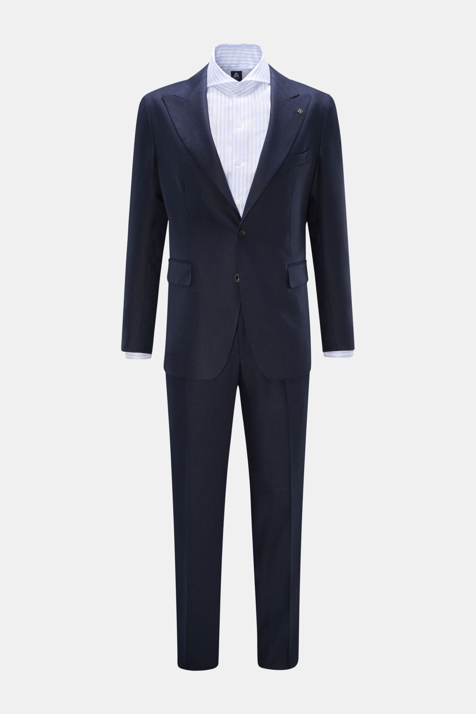 Tagliatore Leinenanzug 'Vesuvio' navy, halb gefüttert, Slim Fit, tailliertes Sakko mit zwei Knöpfen, Spitzenrevers, Hose mit französischen Taschen, frontal fotografiert.