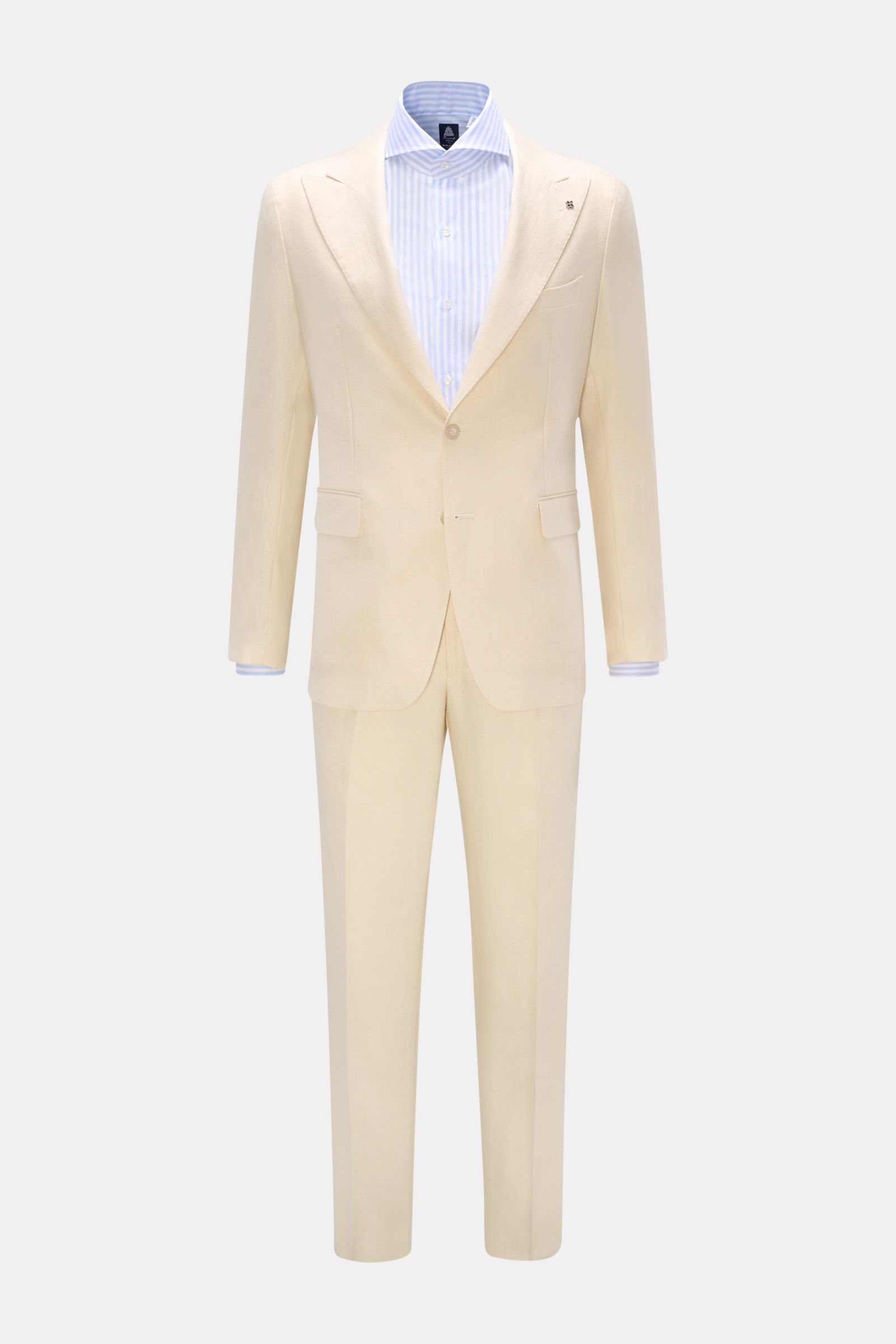 Tagliatore Leinenanzug 'Vesuvio' creme, Slim Fit Zweiteiler aus reinem Leinen, halb gefüttert, frontale Sicht mit tailliertem Sakko und Hose.