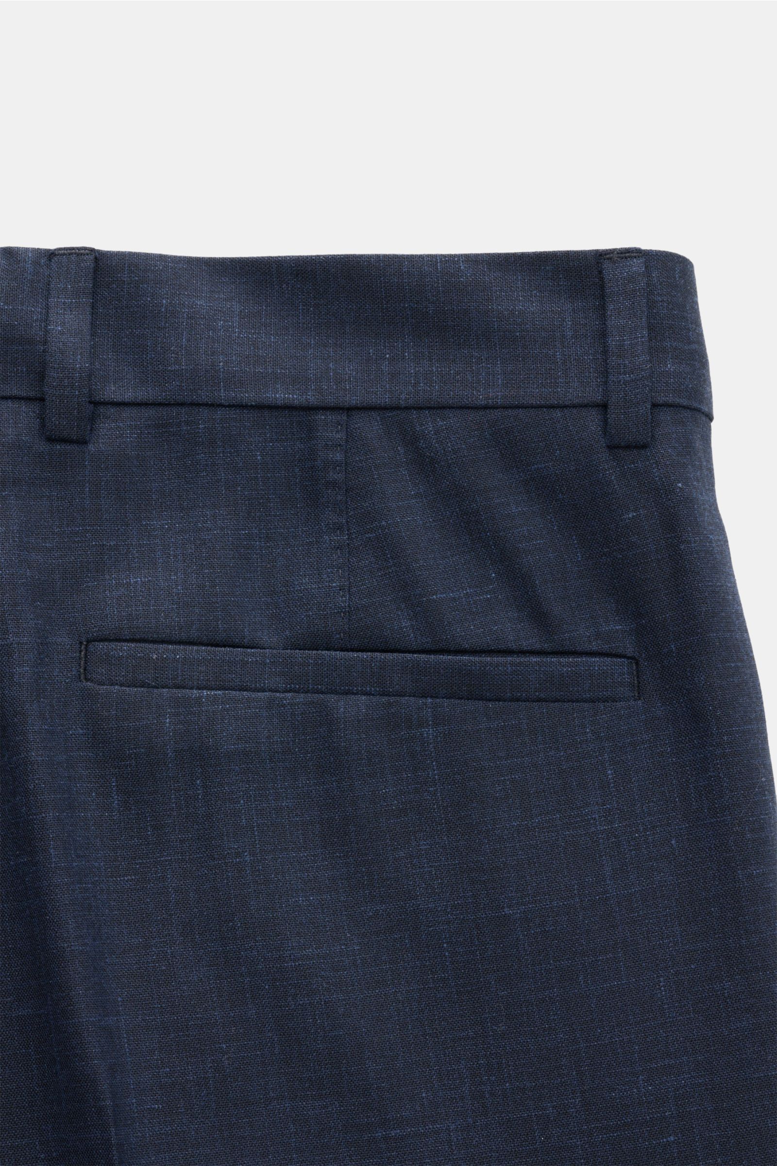 Close-up rear view of Brunello Cucinelli Anzug navy meliert trousers showing navy melange fabric, belt loops, and welt pocket.