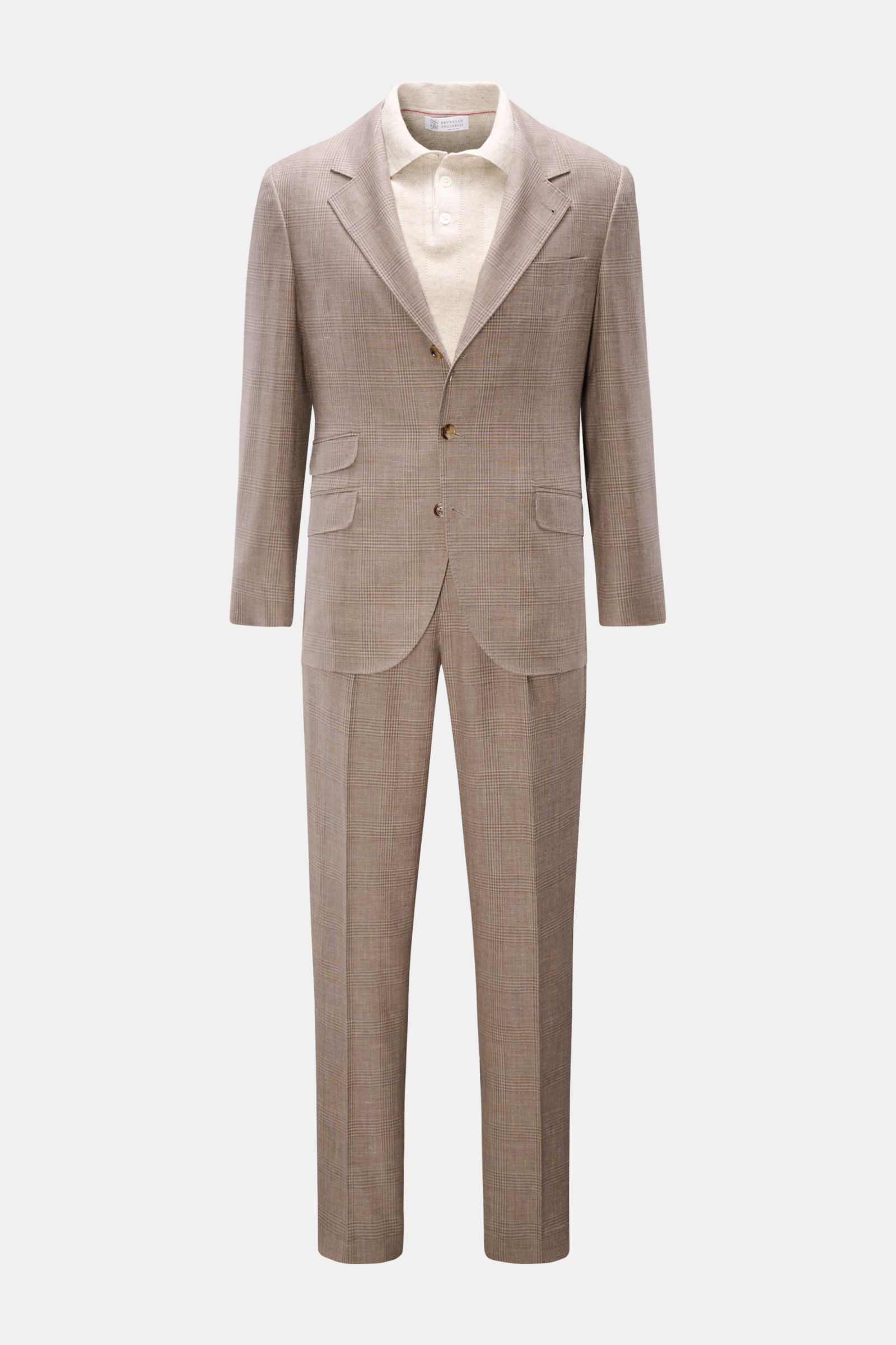 Brunello Cucinelli Anzug graubraun/grau kariert, frontale Ansicht, Unconstructed-Sakko Slim Fit, Regular Fit Hose, Woll-Seide-Leinen-Mix.