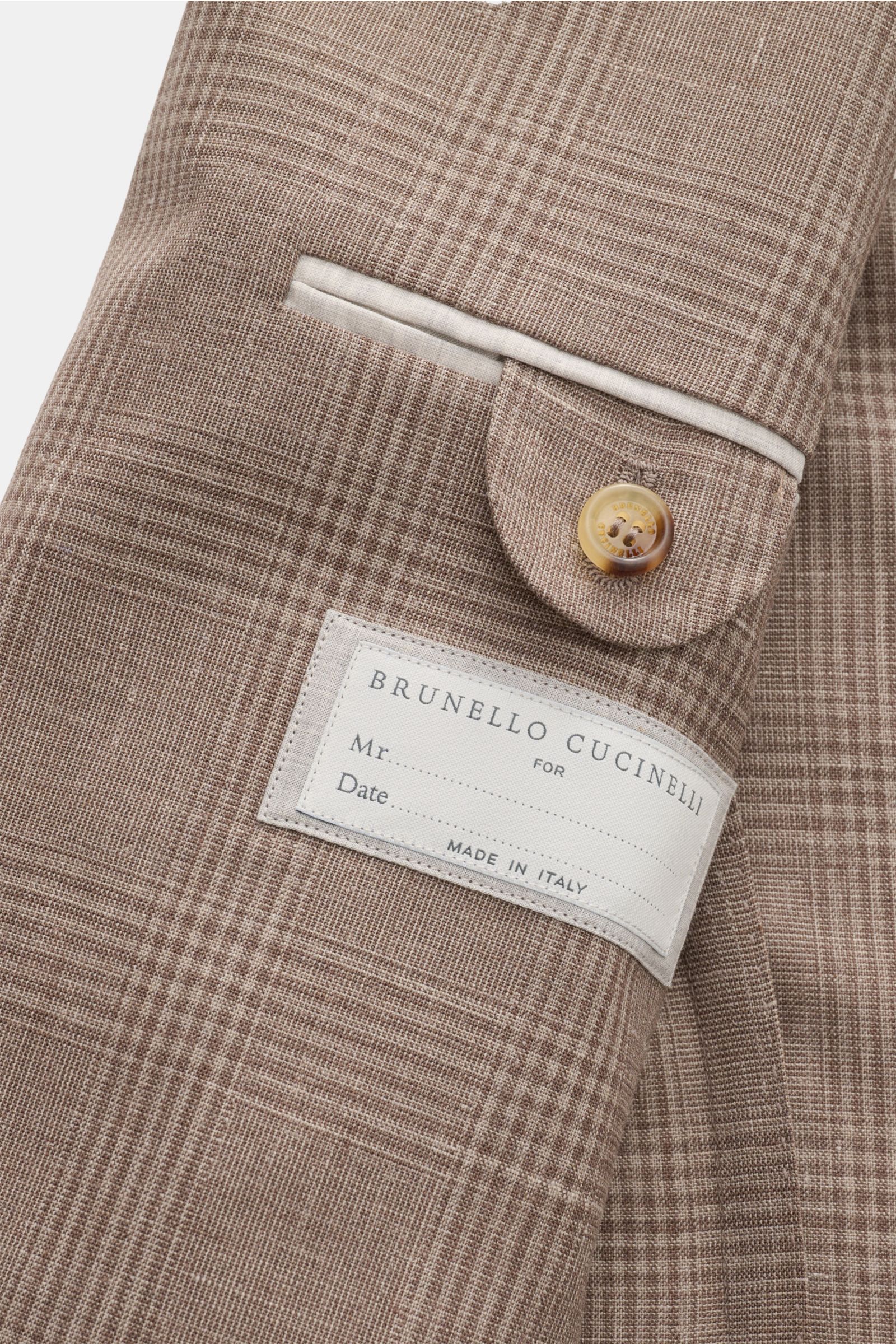 Brunello Cucinelli Anzug graubraun/grau kariert, Detailaufnahme Innenlabel, weicher Glencheck aus Wolle, Seide, Leinen, handgearbeitet.