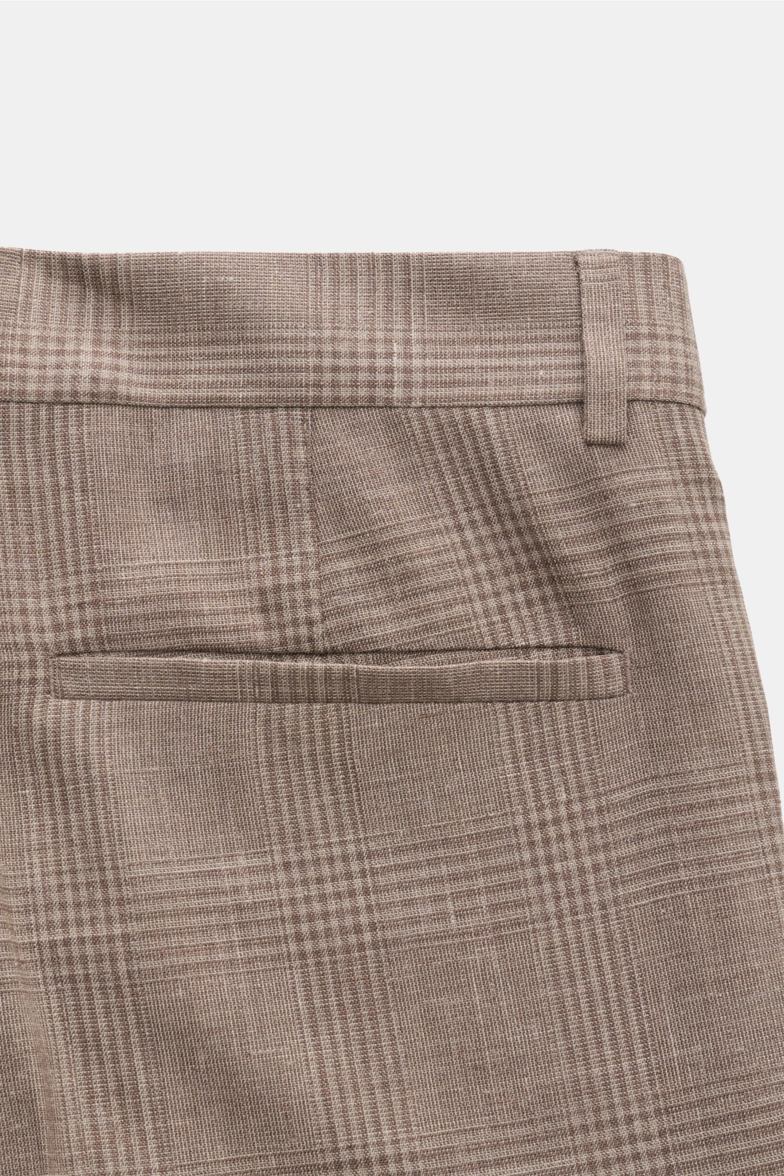 Brunello Cucinelli Anzug graubraun/grau kariert, Detailfoto der Rückseite der Hose mit Leistentasche, Wolle-Seide-Leinen-Mix, Glencheck.