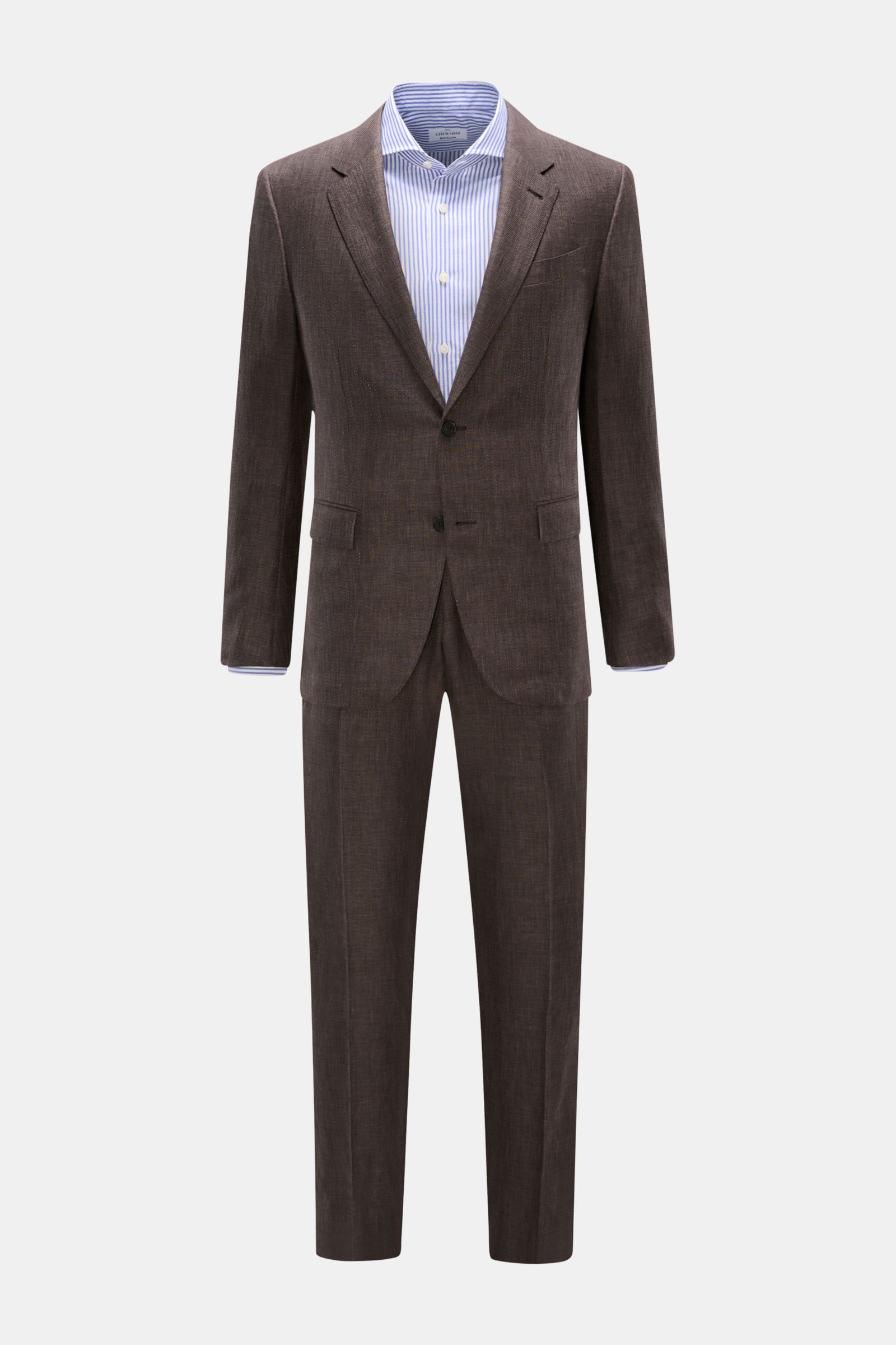 Front view of the Zegna Anzug 'Natural' dunkelbraun meliert, a slim fit suit in a luxurious wool, linen, and silk blend with a tailored two-button jacket and tapered trousers.