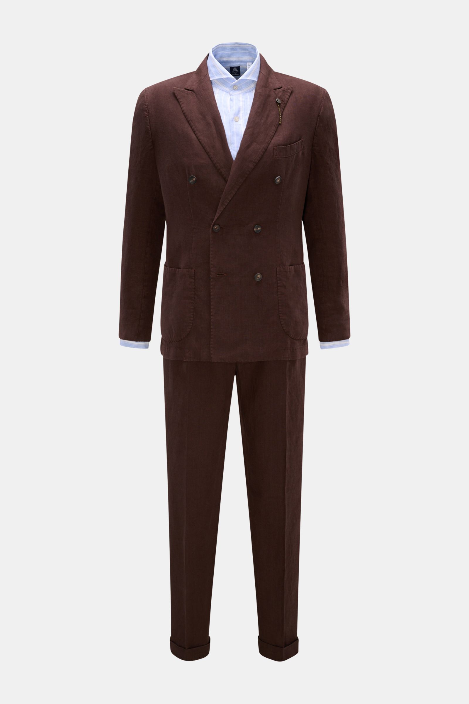 Santaniello Anzug braun aus reinem Leinen mit Slim Fit, tailliertem Sakko und schmal zulaufender Hose, frontale Produktansicht.