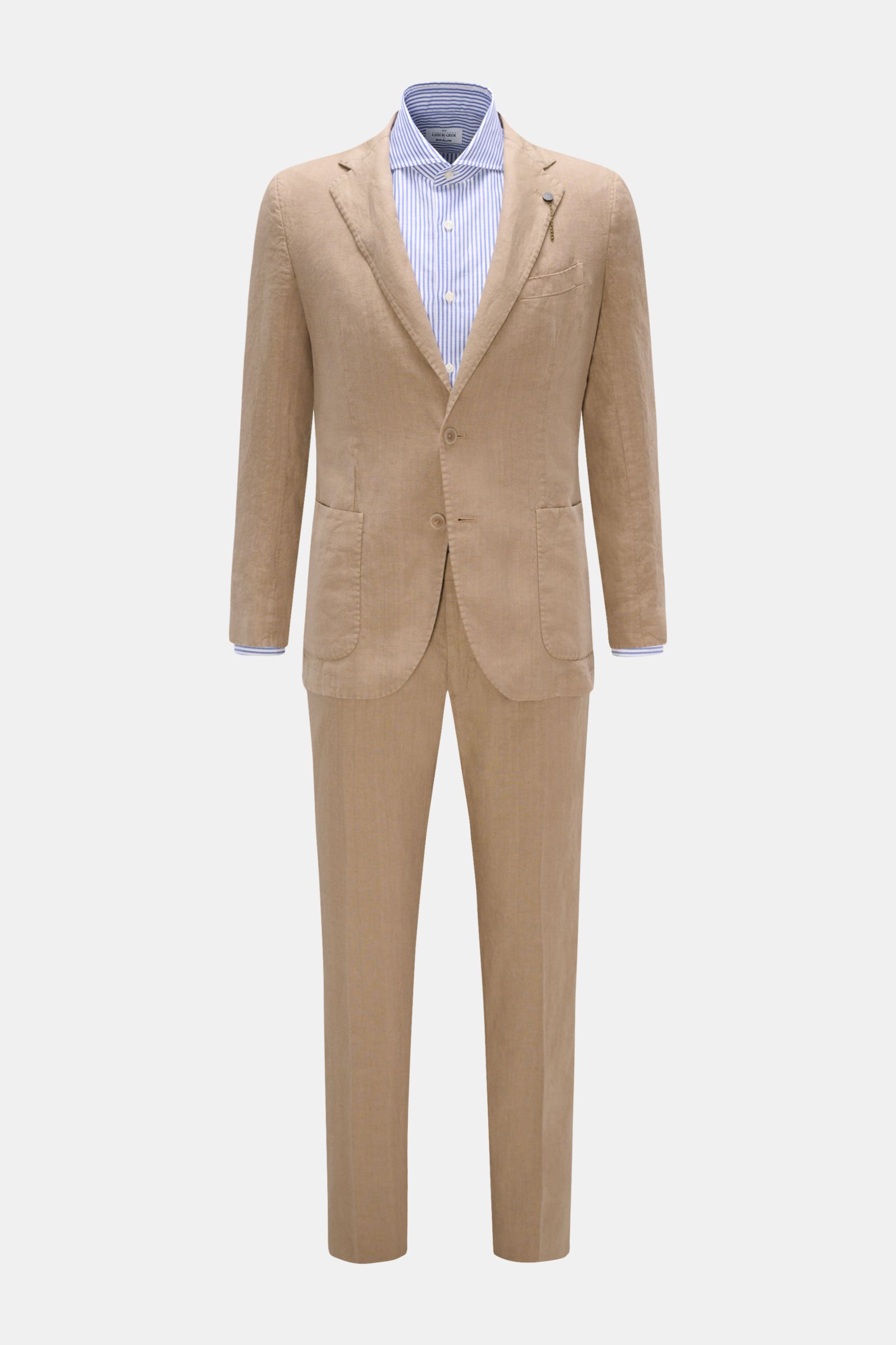 Santaniello Anzug taupe aus reinem Leinen, Slim Fit, frontale Ansicht mit tailliertem Sakko, fallendem Revers, zwei Knöpfen, aufgesetzten Taschen.