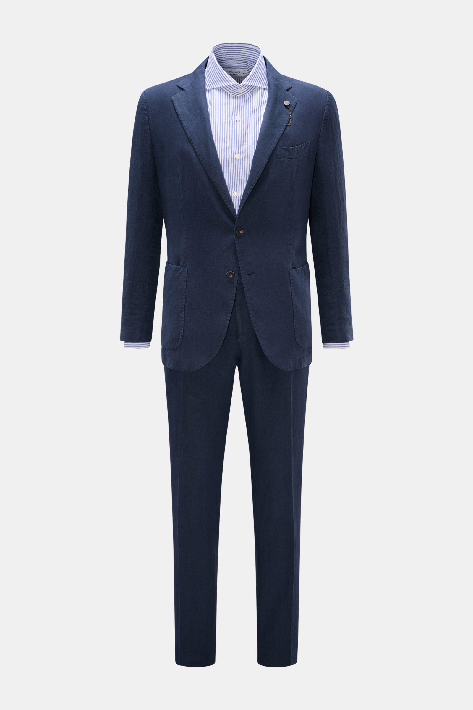 Santaniello Anzug navy, frontale Ansicht, Slim Fit Leinenanzug mit tailliertem Sakko, fallendem Revers, zwei Knöpfen, Vintage-Optik, weicher Griff.