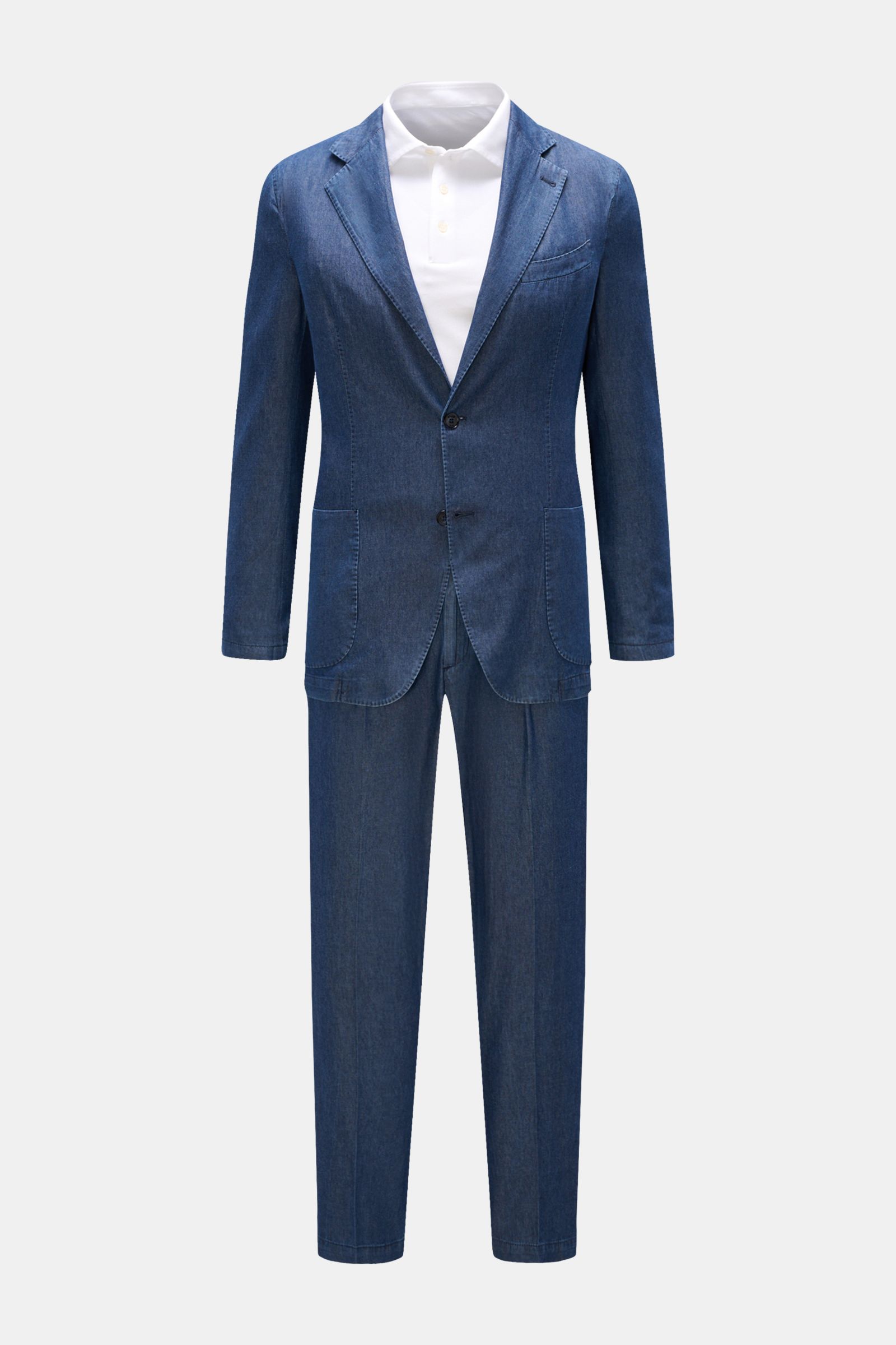 Front view of the Briglia 1949 Suit 'Greco' dark blue, a slim fit summer suit in lightweight pure cotton with a denim look, featuring a soft feel, unconstructed two-button jacket with step lapel, classic breast pocket, patch hip pockets, kissing buttons, 