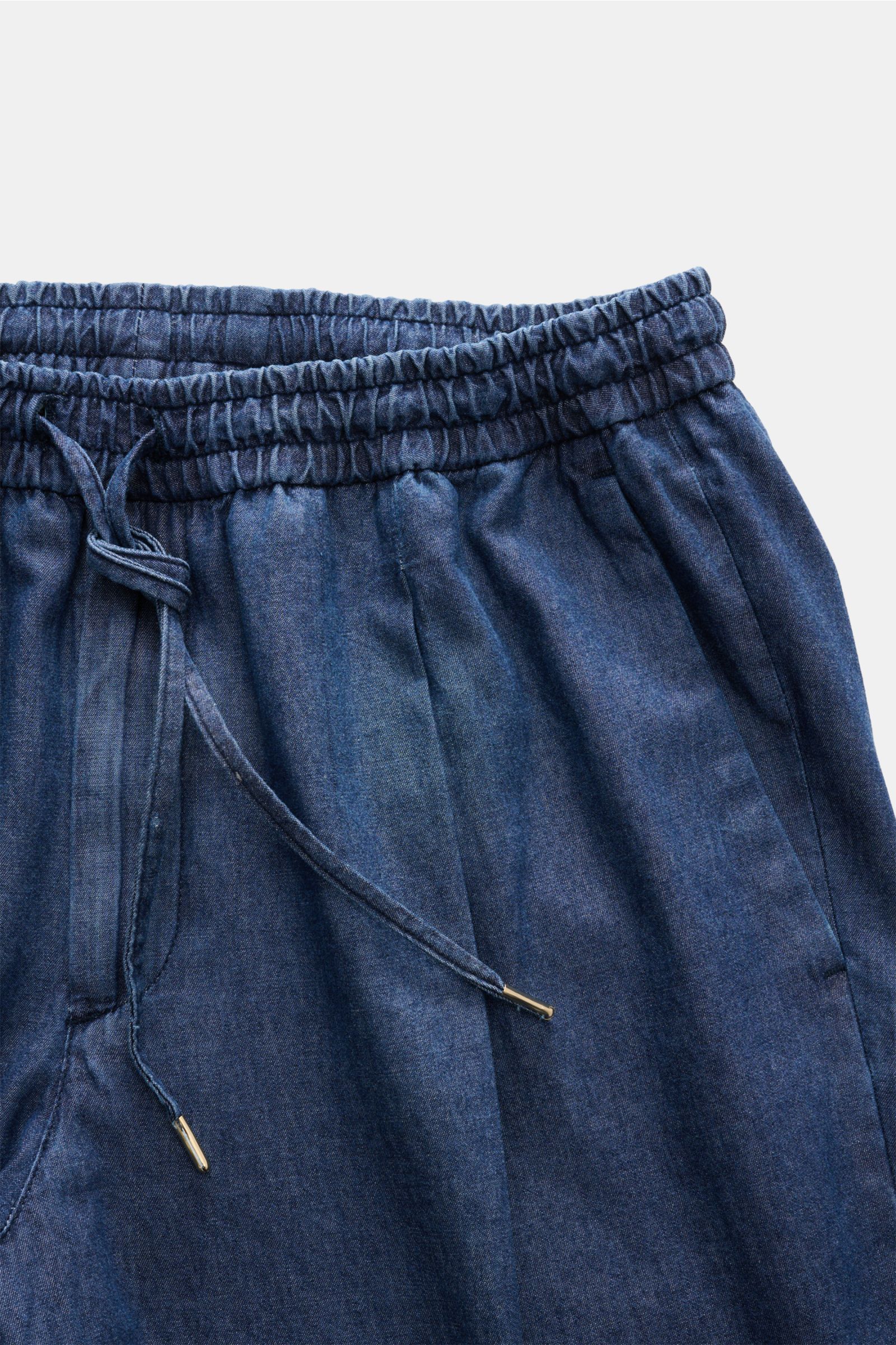 Close-up front view of the tapered trousers from the Briglia 1949 Suit 'Greco' dark blue, featuring an elasticated waistband with drawstring, single pleat, and French pockets in lightweight cotton denim look.