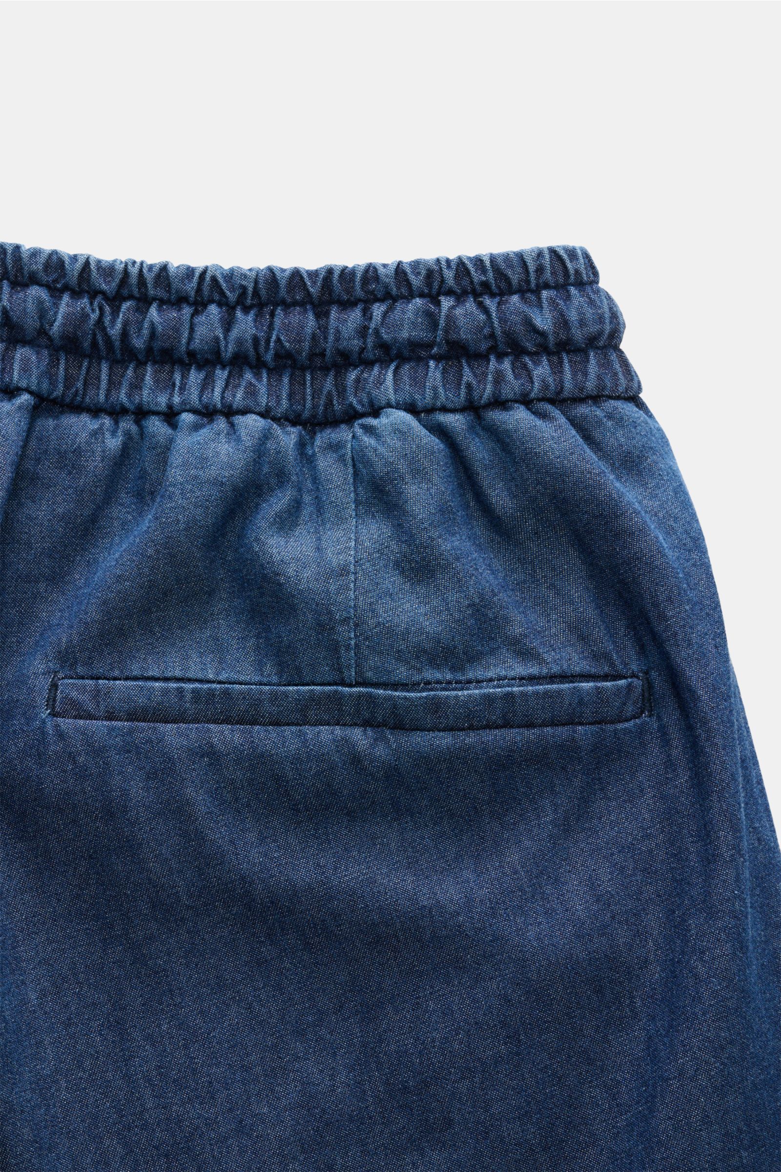 Close-up rear view of the elasticated waistband and jetted back pocket of the tapered trousers from the Briglia 1949 Suit 'Greco' dark blue, featuring a denim look in pure cotton with a soft, slim fit perfect for summer smart-casual wear.