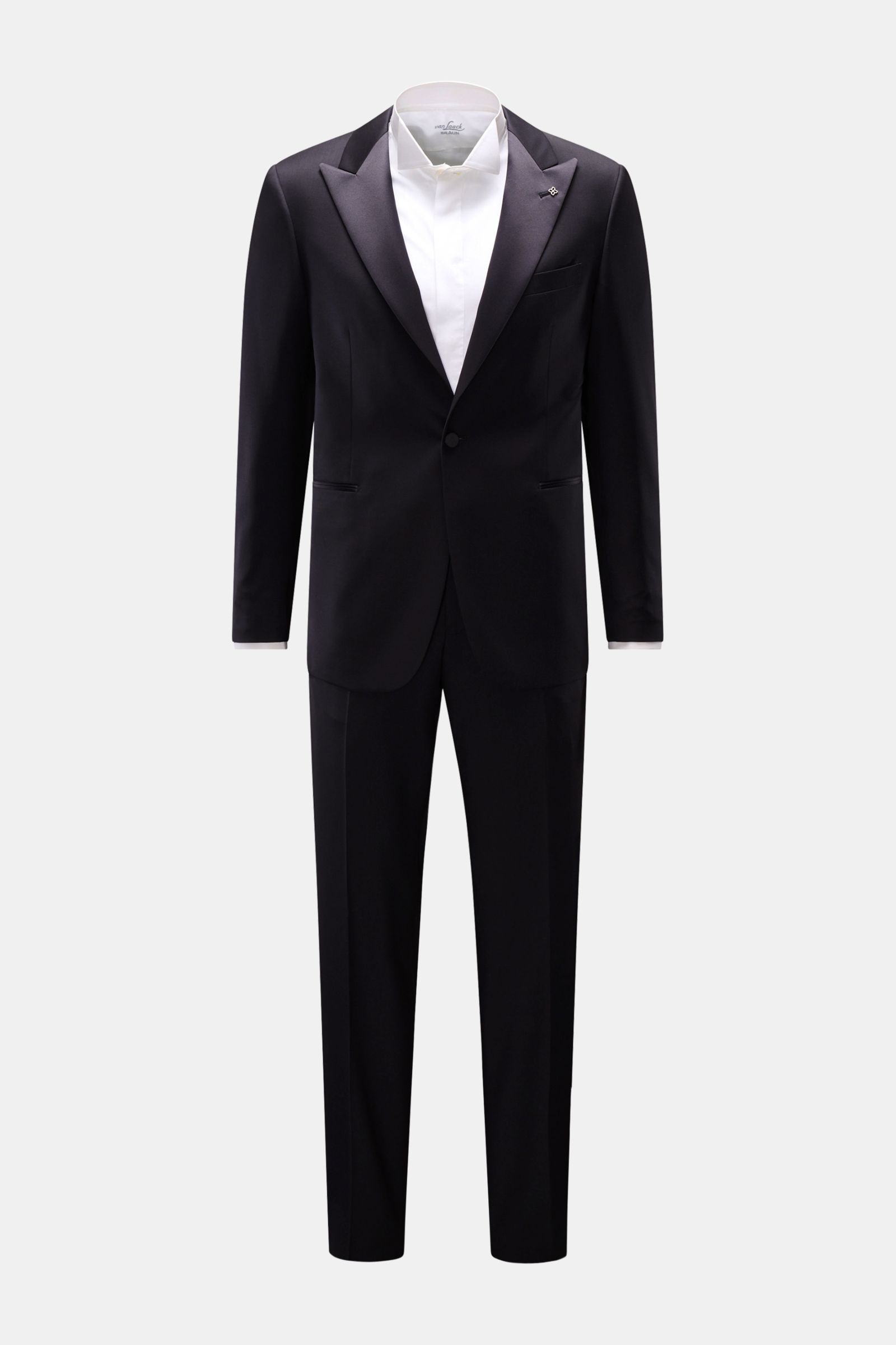 Tagliatore Smoking 'Napoli' dark navy aus Super 110'S Schurwolle, Slim Fit, frontale Ansicht mit tailliertem Sakko und schmal zulaufender Hose.