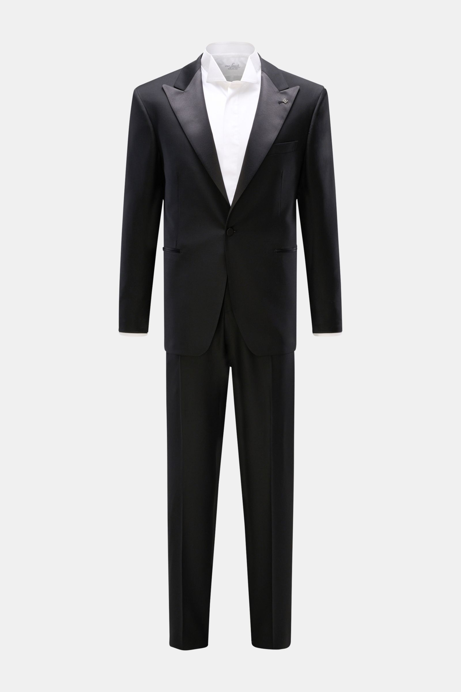 Tagliatore Tuxedo black displayed front-facing on a white background, Italian evening wear in pure Super 110'S virgin wool with slim fit, one-button jacket with satin lapel, signature pin, breast and jetted hip pockets, unfinished cuffs, and trousers with
