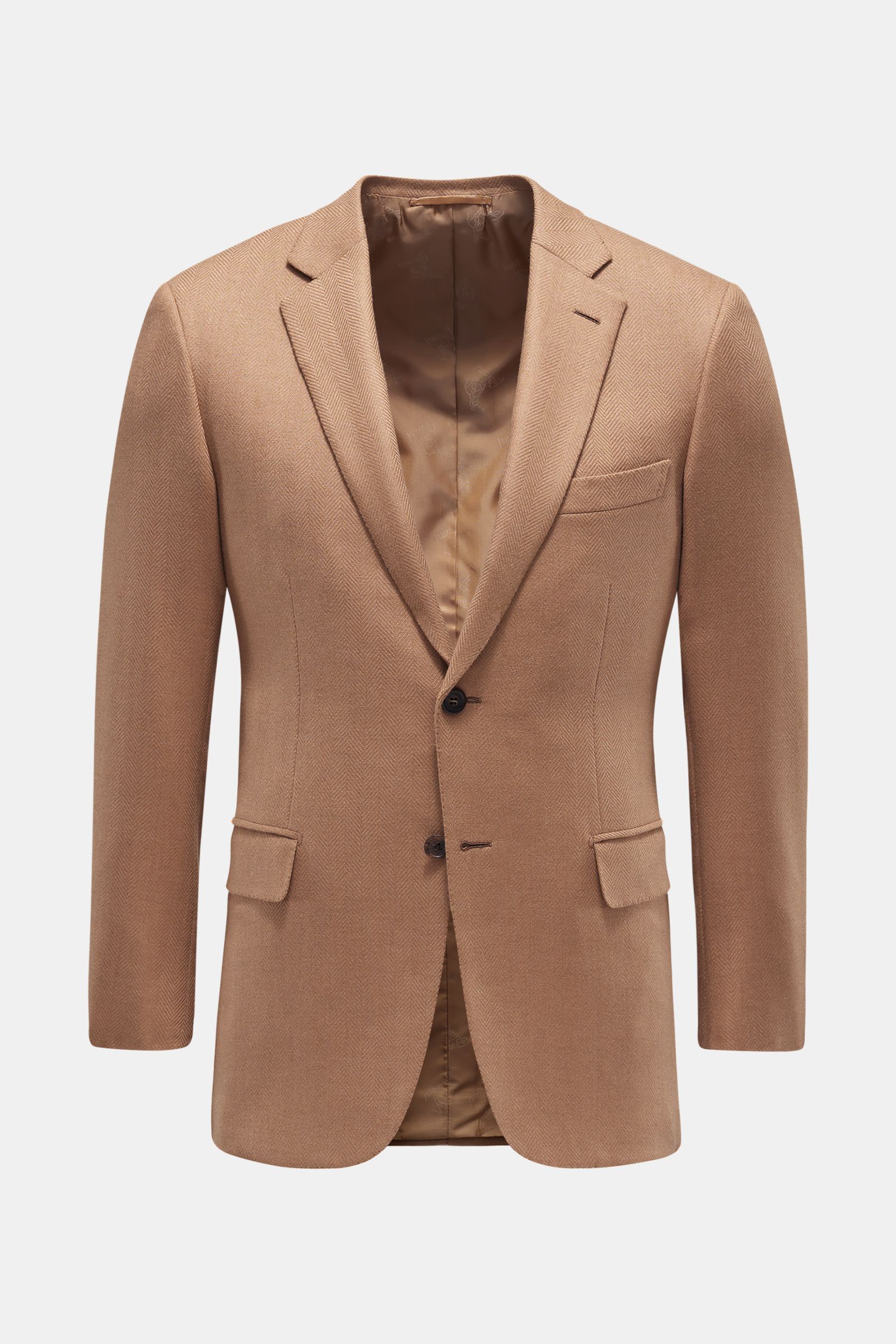 Front view of Brioni Smart-casual jacket light brown in pure camel wool with fine herringbone pattern, slim fit, two-button style, step lapel, breast pocket, flap hip pockets, unfinished cuffs, and branded lining.