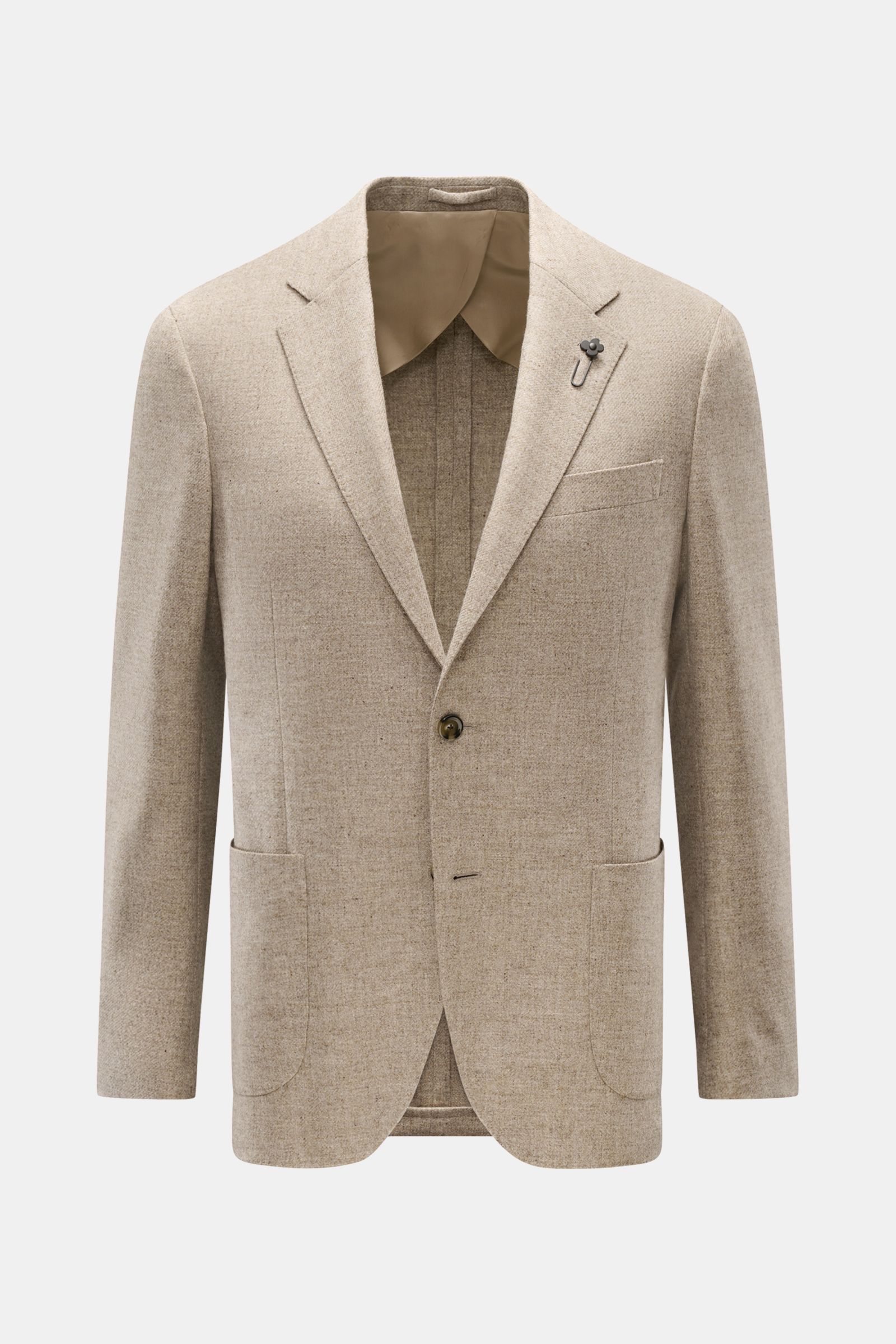 Lardini Sakko beige meliert, frontale Ansicht, Slim Fit mit Woll-Cashmere-Mix, tailliertem Zwei-Knopf-Stil, fallendem Revers, Blütenpin, Brust- und Hüfttaschen.