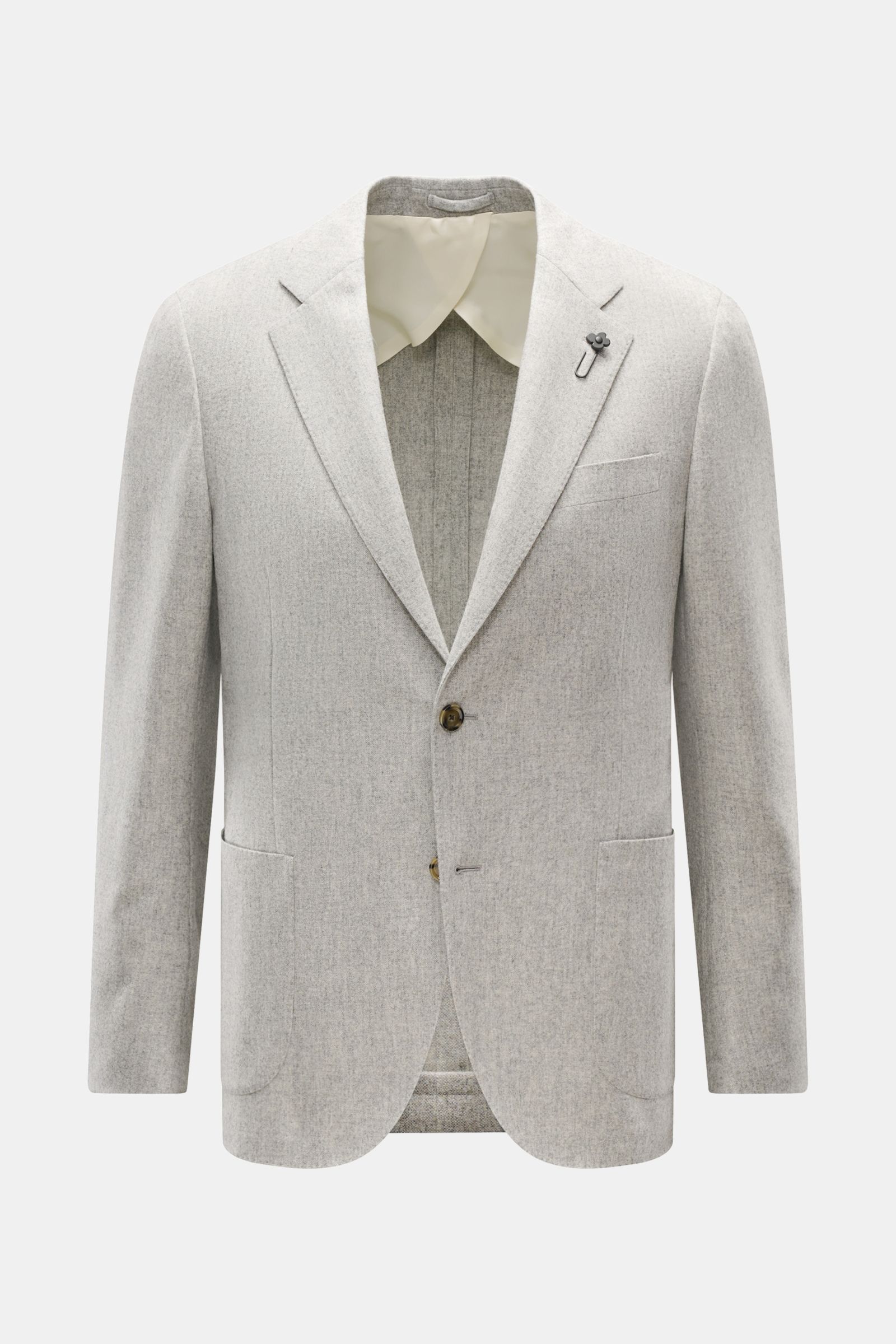 Front view of Lardini Sakko hellgrau meliert blazer in light grey melange, slim fit two-button style with soft wool-cashmere blend fabric, featuring a falling lapel with flower pin, classic chest pocket, patch hip pockets, unfinished sleeve cuffs, rear si