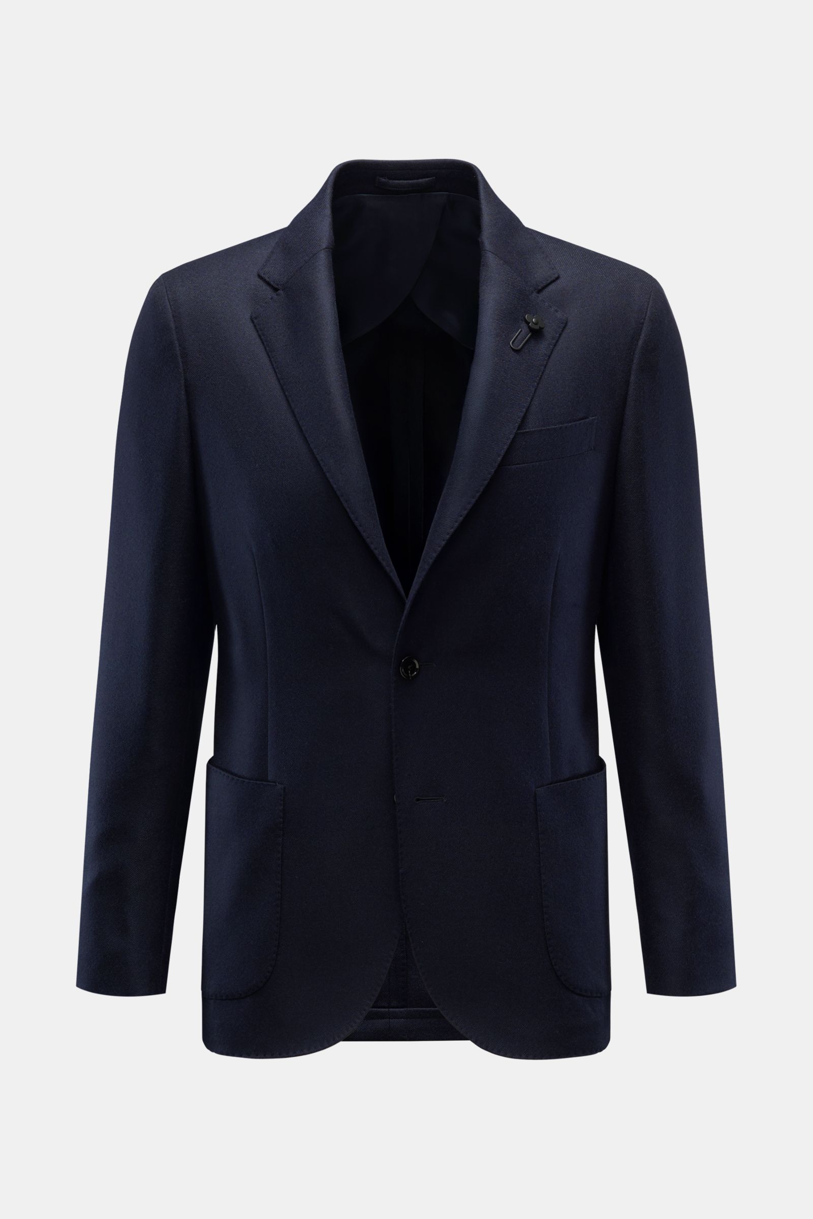 Lardini Cashmere Sakko dark navy, frontale Ansicht, Slim Fit, Unconstructed Design aus weichem reinem Cashmere, zwei Knöpfe, Blütenpin, Brust- und Hüfttaschen, unfertige Ärmelabschlüsse.