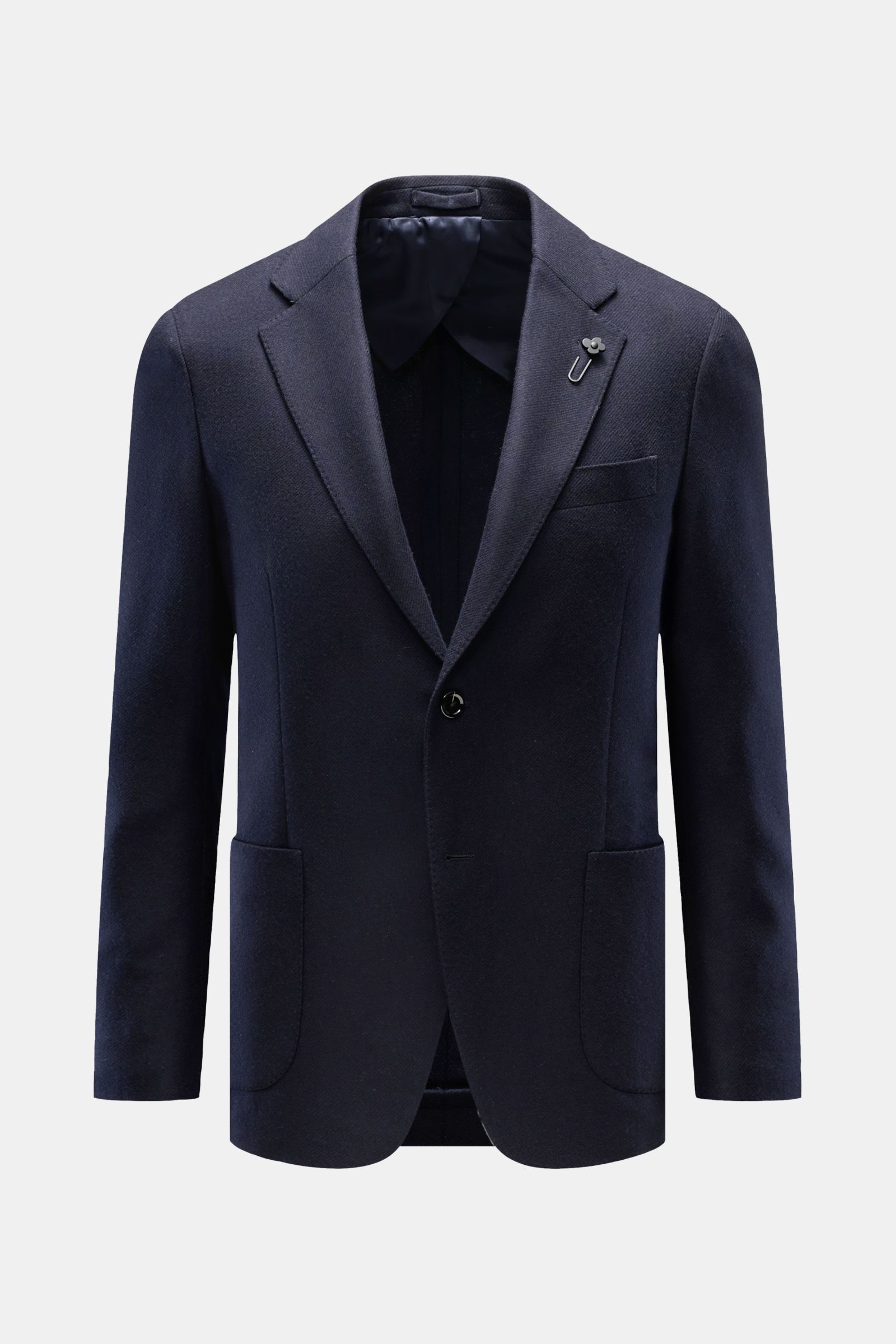 Front view of Lardini Sakko hellgrau meliert blazer in light grey melange, slim fit with two-button closure, soft wool-cashmere blend, unfinished sleeve cuffs, notch lapel with flower pin, chest pocket, patch hip pockets, back side vents, half-lined inter