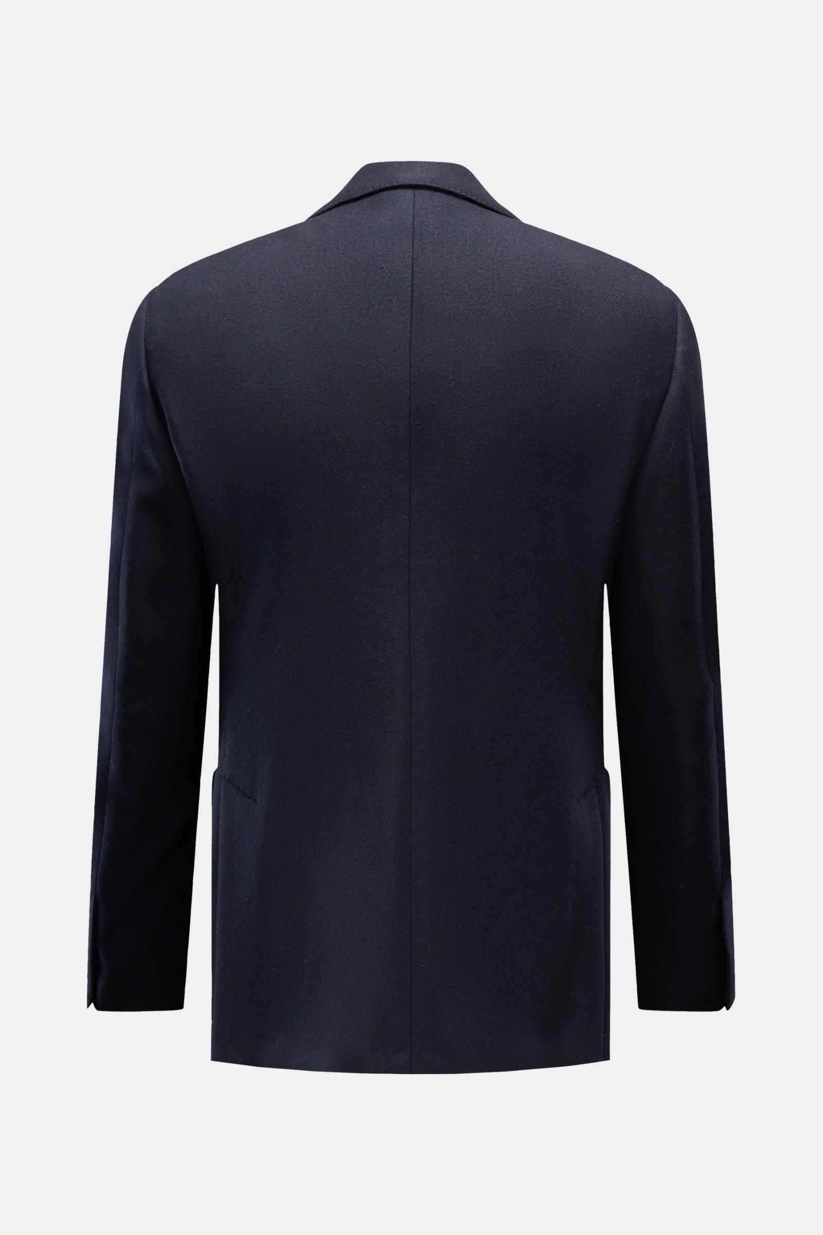 Rear view of the Lardini Sakko hellgrau meliert, a slim fit, taillierter two-button jacket made of a soft mix of Schurwolle and Cashmere, featuring unfinished sleeve ends and rear side vents for comfort.

Description: Für den besonderen Anlass oder das