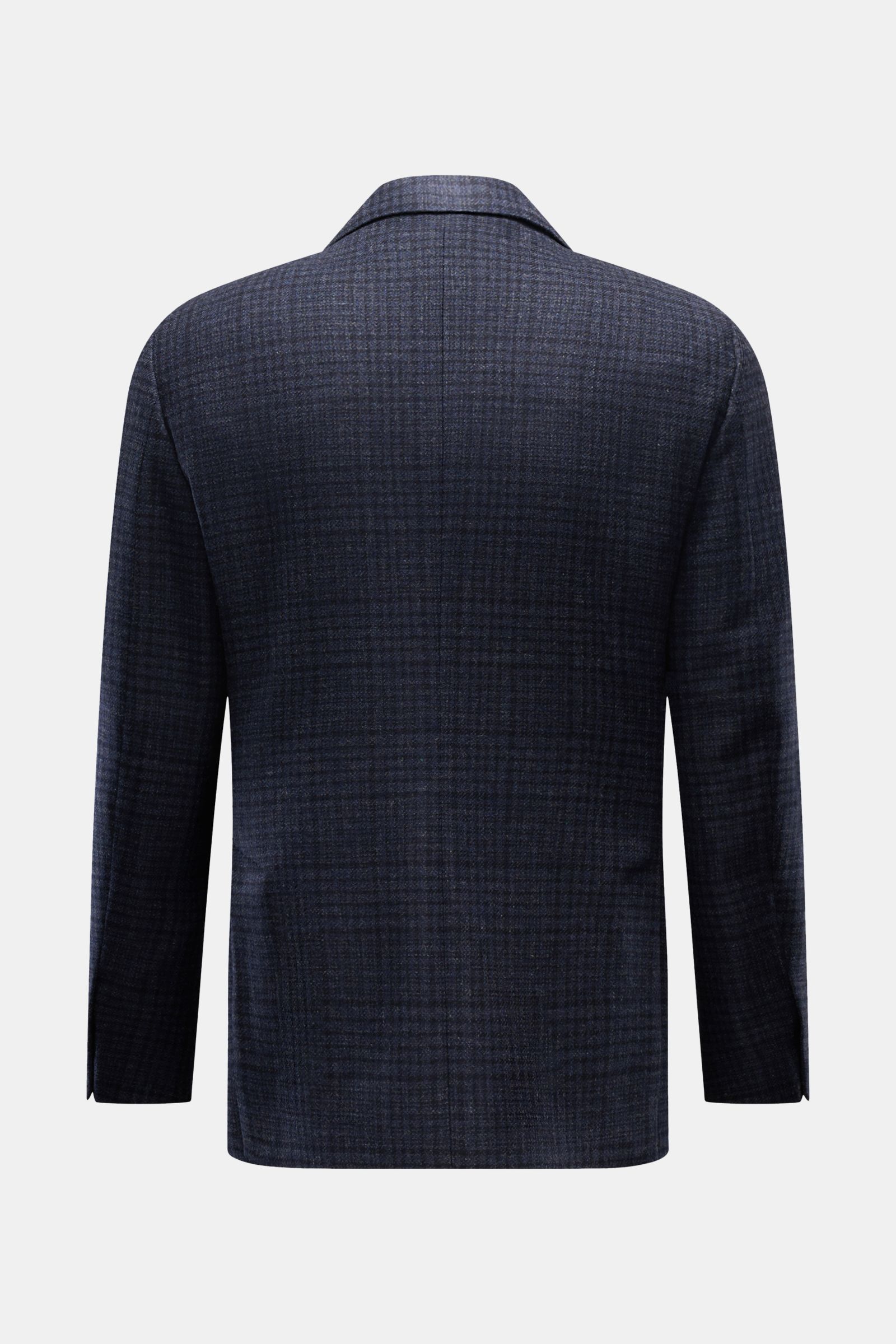 Back view of Lardini Sakko navy in slim fit, wool-cashmere blend with unconstructed design and subtle check pattern.

Description: Ob im Office oder unterwegs – das Unconstructed-Sakko von LARDINI aus einer edlen Wolle-Cashmere-Komposition steht für st