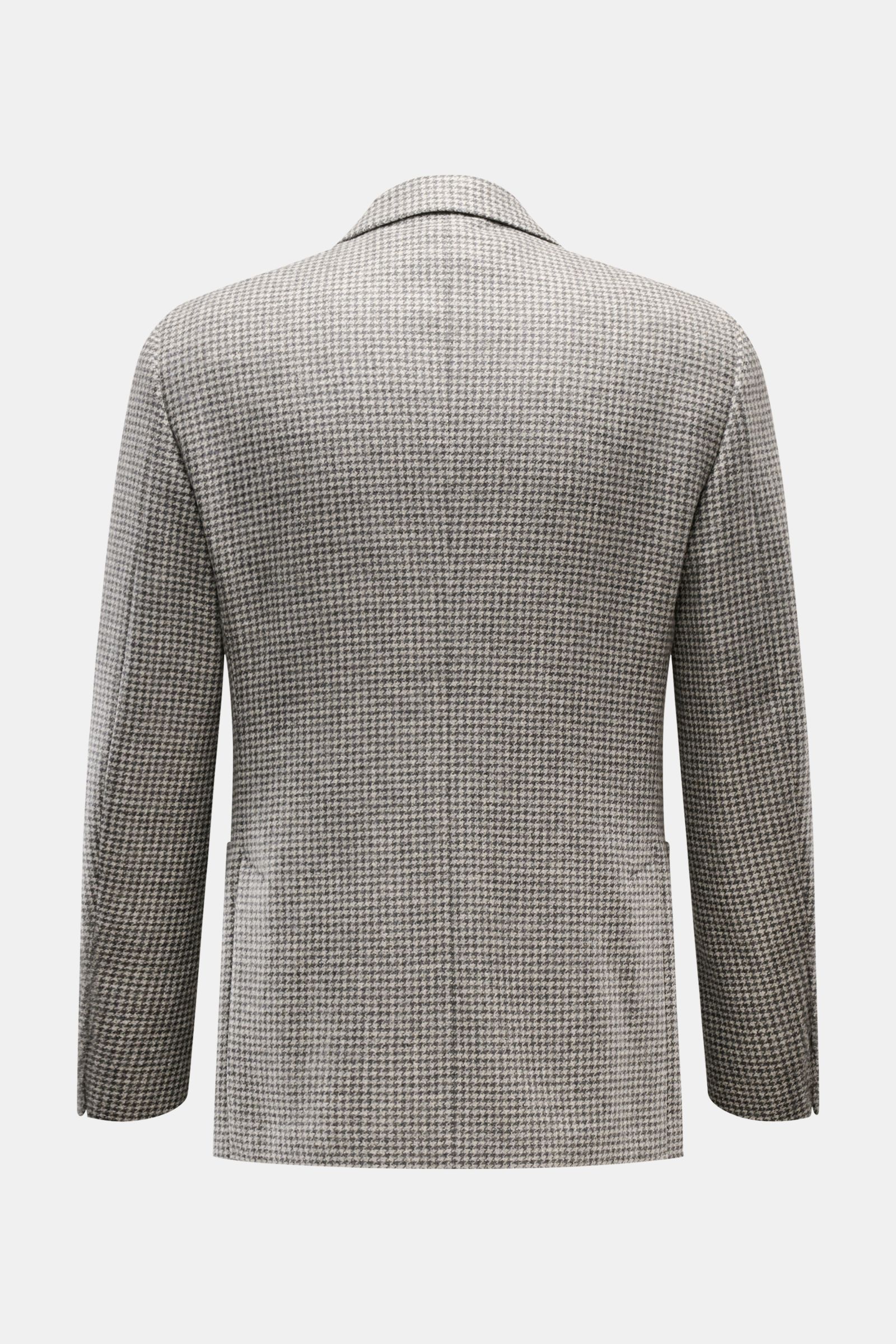 Back view of Lardini Sakko hellgrau/dunkelgrau kariert in a slim fit, unconstructed design with soft wool-cashmere blend, classic Glencheck pattern, two-button style, and unfinished sleeve ends, featuring back side vents, patch hip pockets, chest pocket, 