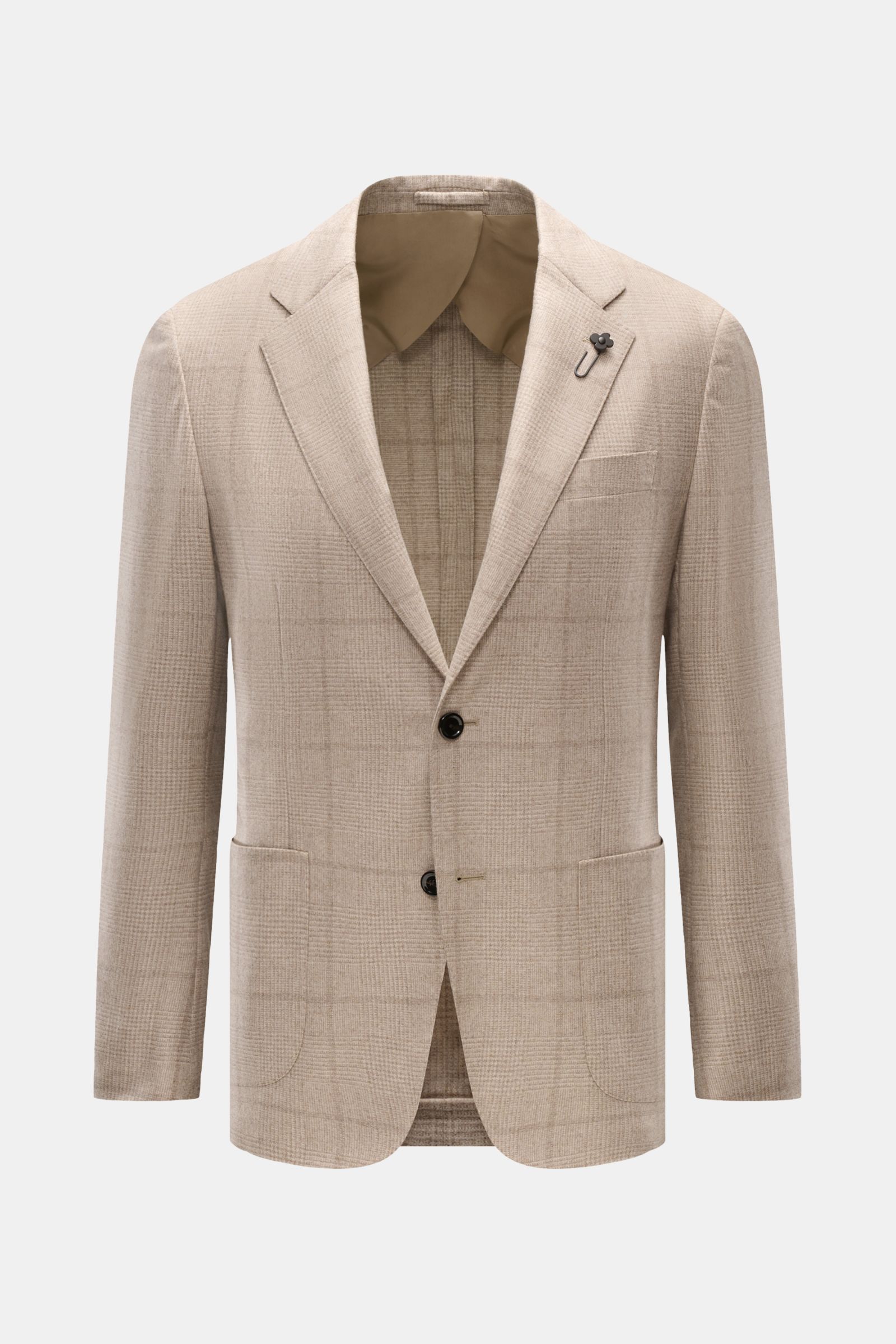Front view of Lardini Cashmere Sakko beige kariert, a slim fit blazer in tonal Glencheck pattern with soft texture and pure cashmere. -  reiner Cashmere weicher Griff tonales Glencheck Slim Fit taillierte