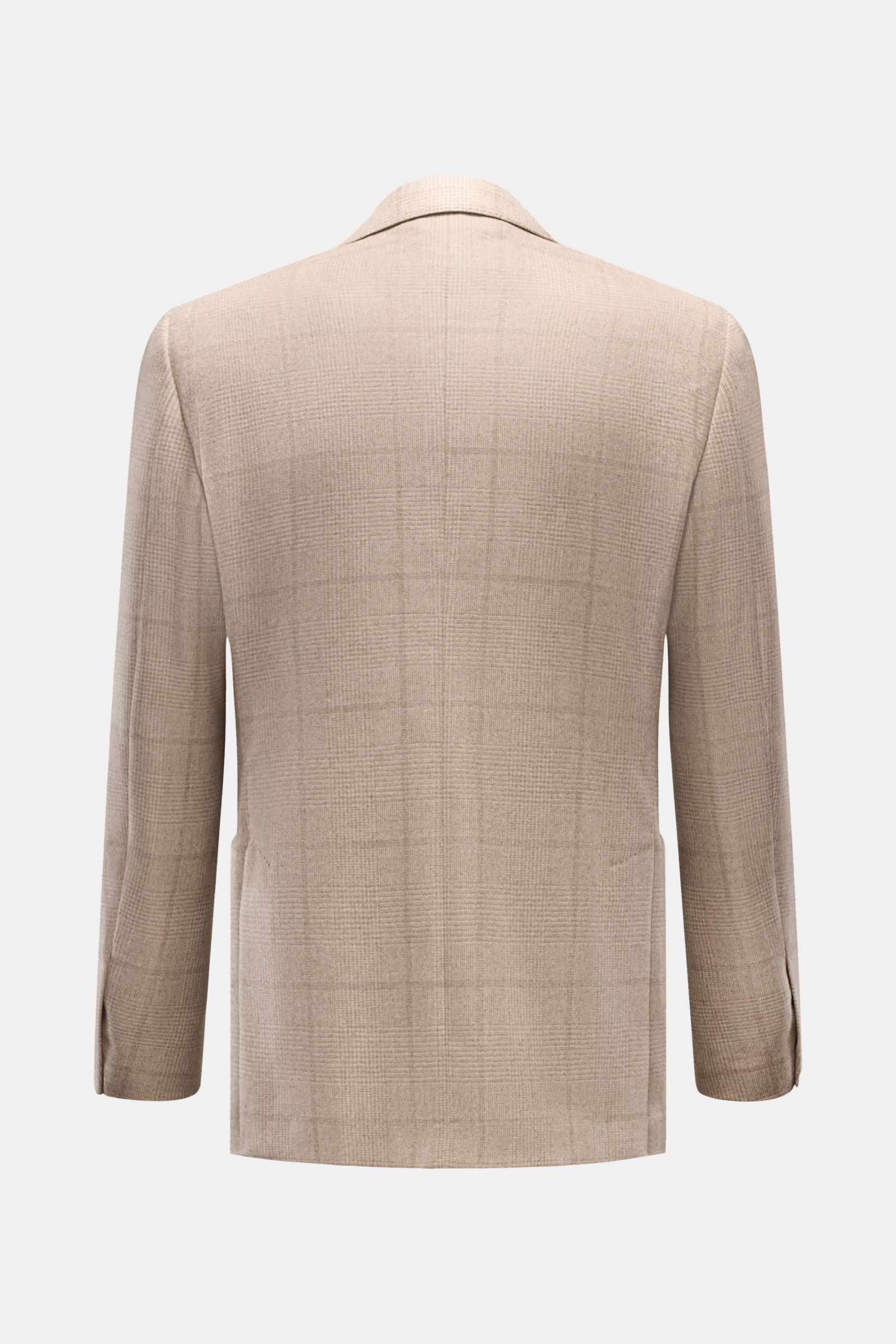 Rear view of Lardini Cashmere Sakko beige kariert with reiner Cashmere, weicher Griff, tonales Glencheck, Slim Fit, taillierter Zwei-Knopf-Stil, fallendes Revers mit Blüten-Pin, klassische Brusttasche, aufgesetzte Hüfttaschen, Ärmelabschlüsse unfertig.