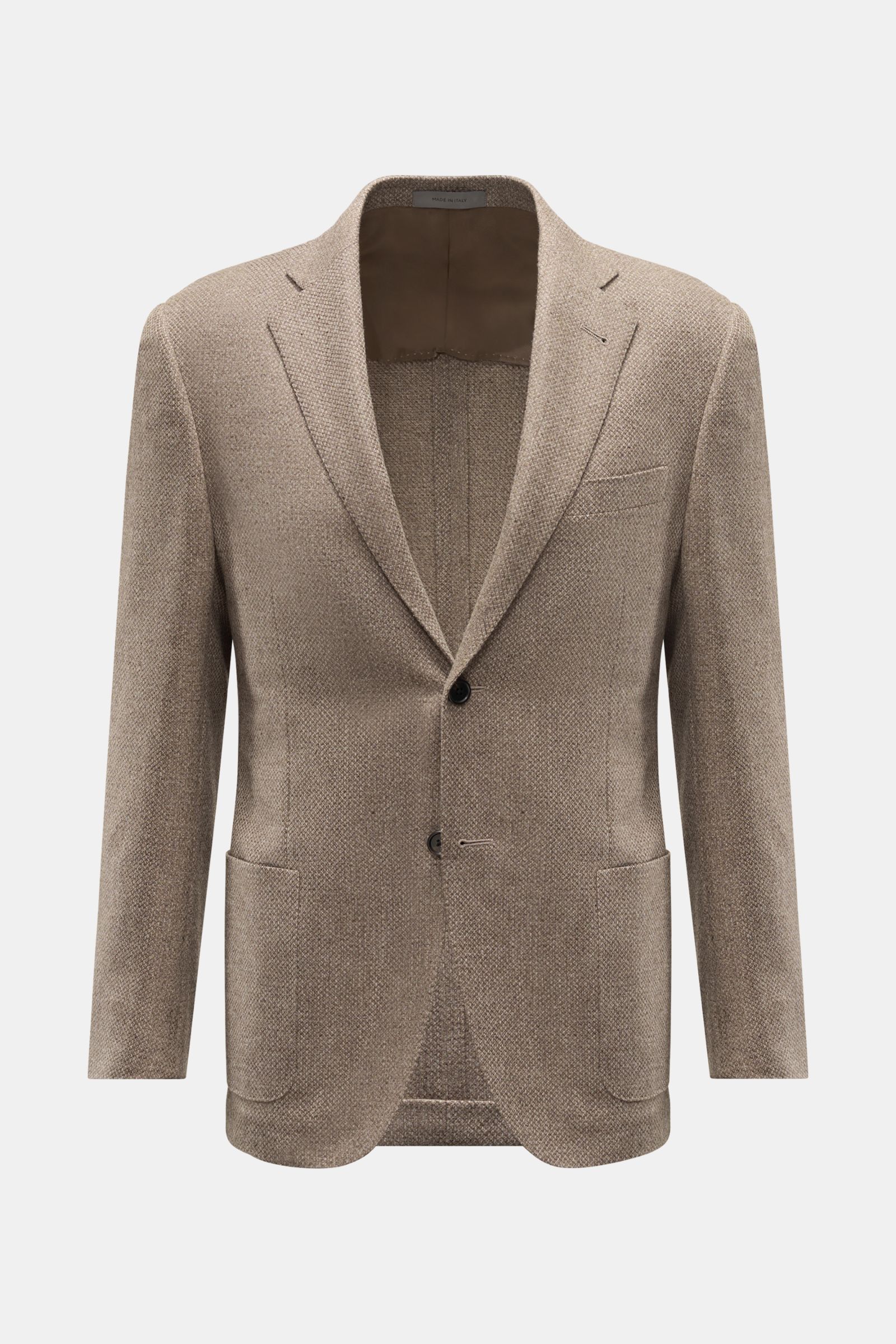 Corneliani Sakko taupe meliert, frontal fotografiert, Slim Fit aus Wolle-Cashmere mit fallendem Revers, Zwei-Knopf-Stil, Brust- und Hüfttaschen.