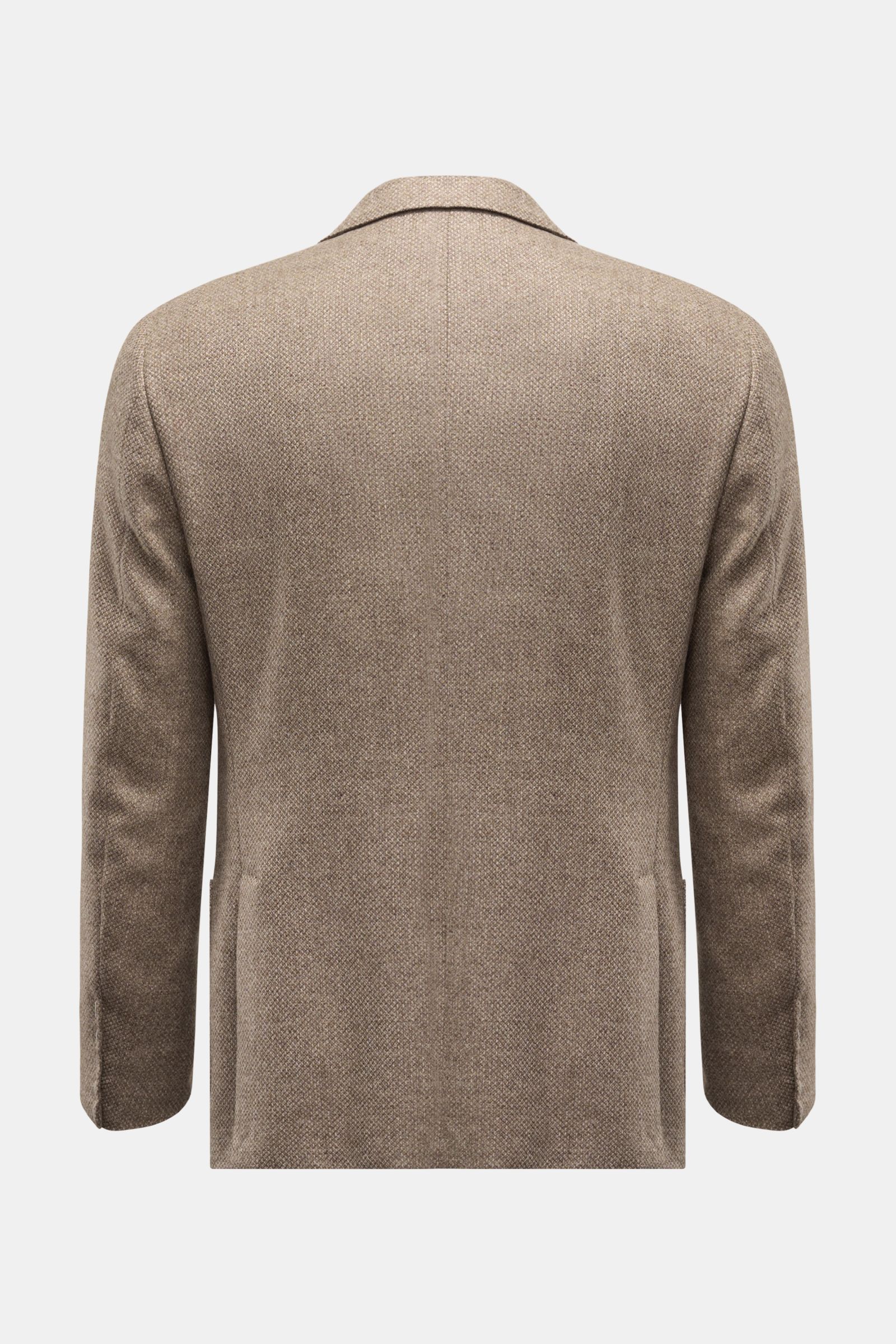 Corneliani Sakko taupe meliert, Rückansicht, Slim Fit, Wolle-Cashmere, Webstruktur, tailliert, zwei Knöpfe, Seitenschlitze, halb gefüttert.