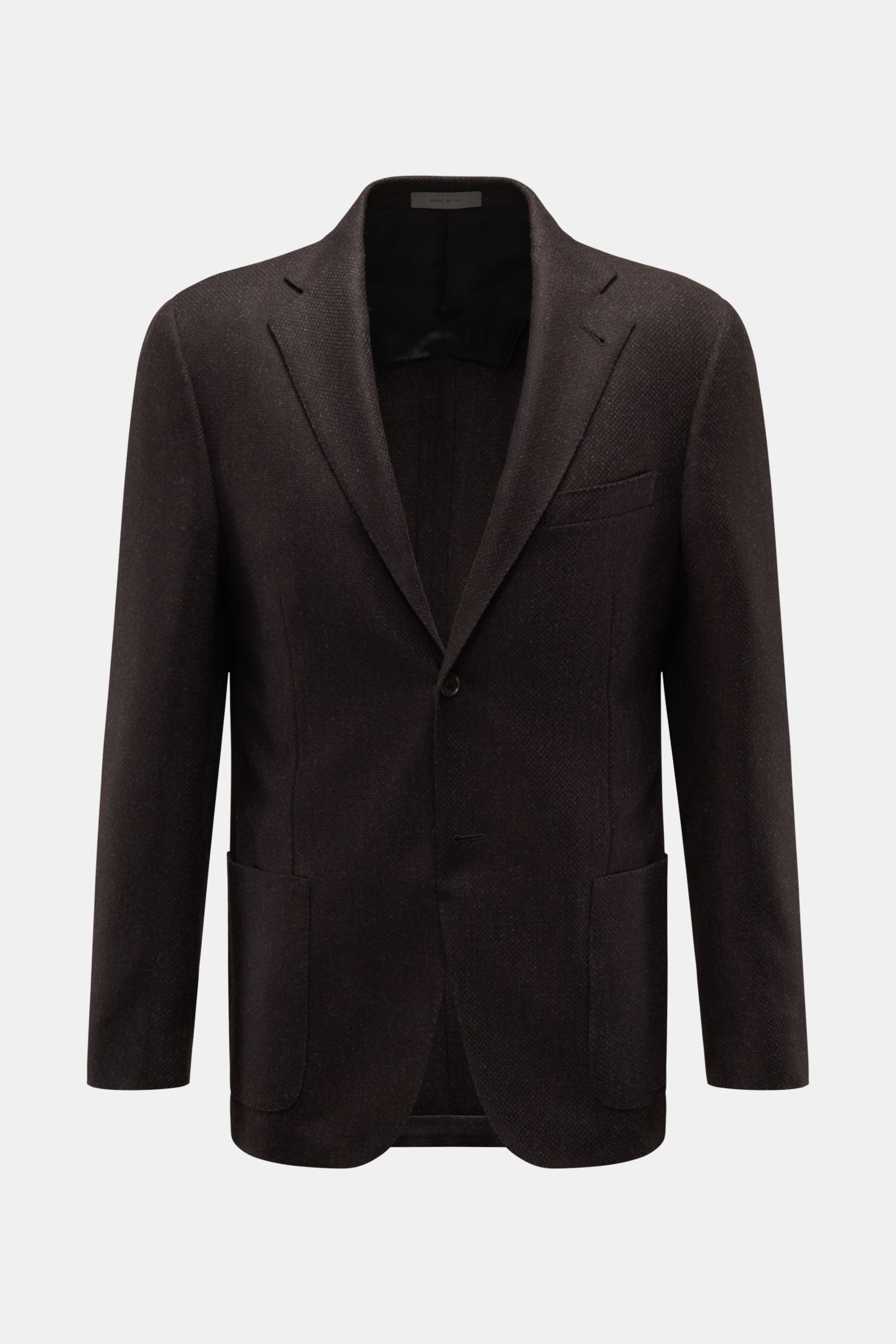 Corneliani Sakko dunkelbraun meliert, Slim Fit, aus Wolle & Cashmere, tailliert, mit fallendem Revers, Brust- und Hüfttaschen, frontale Ansicht.