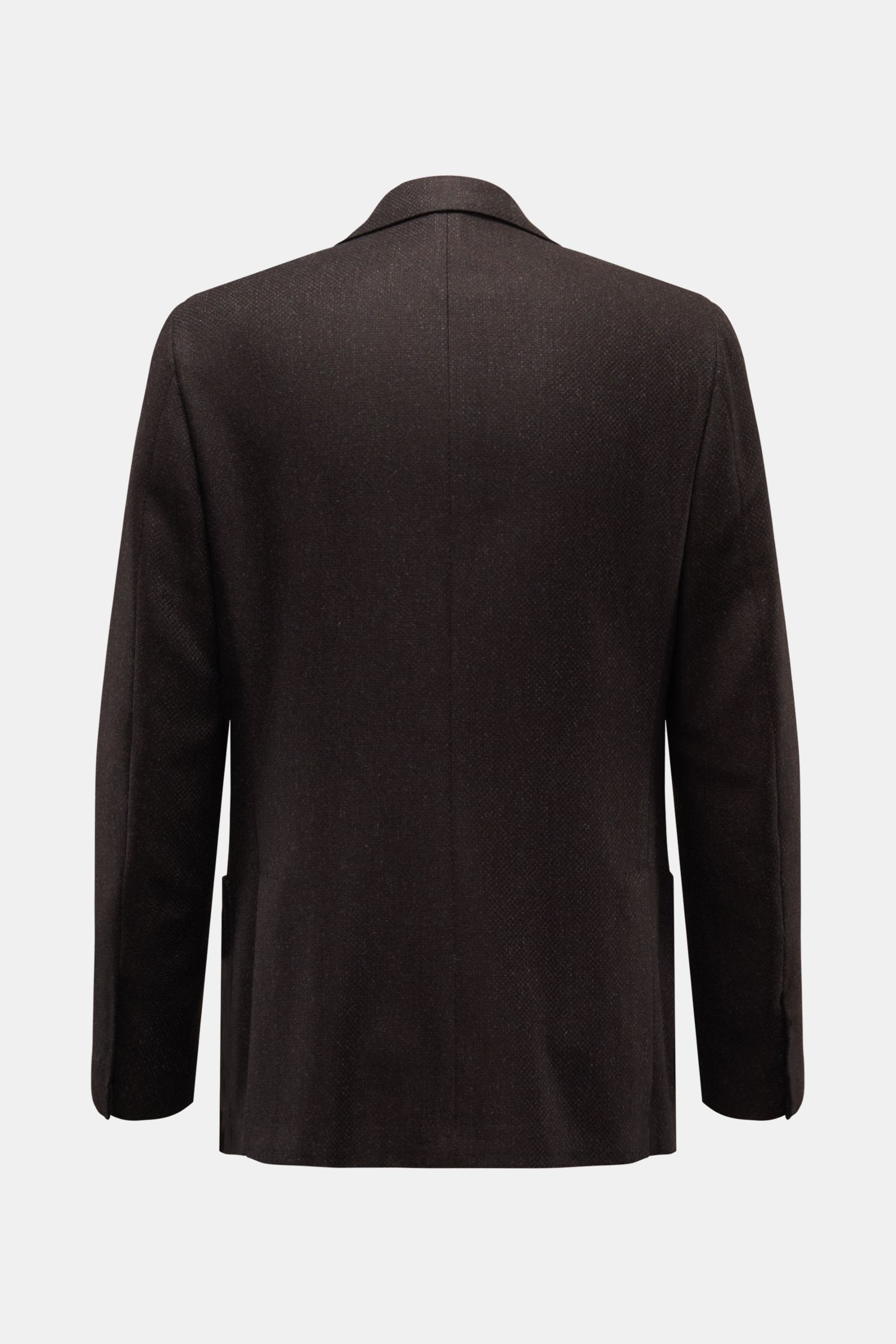 Corneliani Sakko dunkelbraun meliert, Rückansicht, Slim Fit aus Wolle und Cashmere, tailliert, zwei Knöpfe, Seitenschlitze, markante Webstruktur.