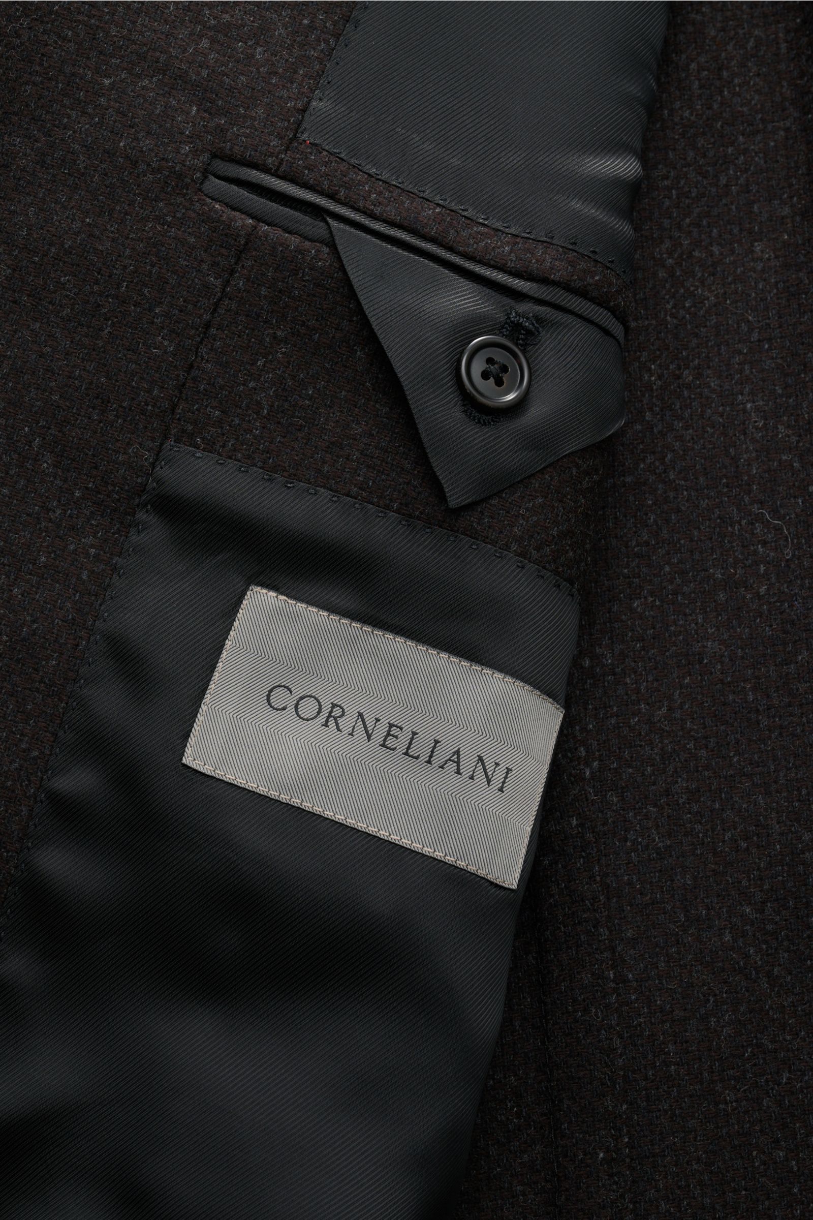 Corneliani Sakko dunkelbraun meliert, Detailaufnahme Innenfutter mit Label, Knopf und feiner Woll-Cashmere-Webstruktur, Slim Fit, tailliert.