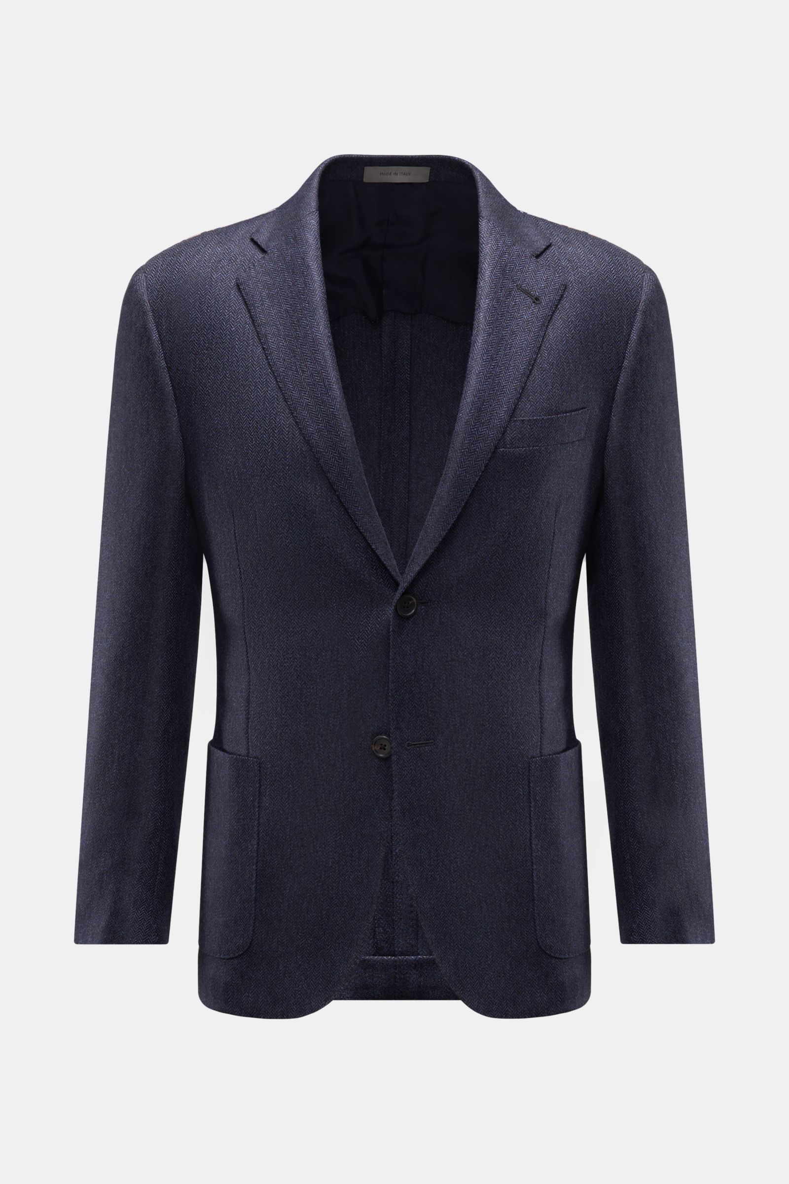 Corneliani Sakko dark navy meliert, frontal fotografiert, Slim Fit aus reiner Wolle mit tonalem Fischgrat, zwei Knöpfen, fallendem Revers, Brust- und aufgesetzten Hüfttaschen, halb gefüttert.