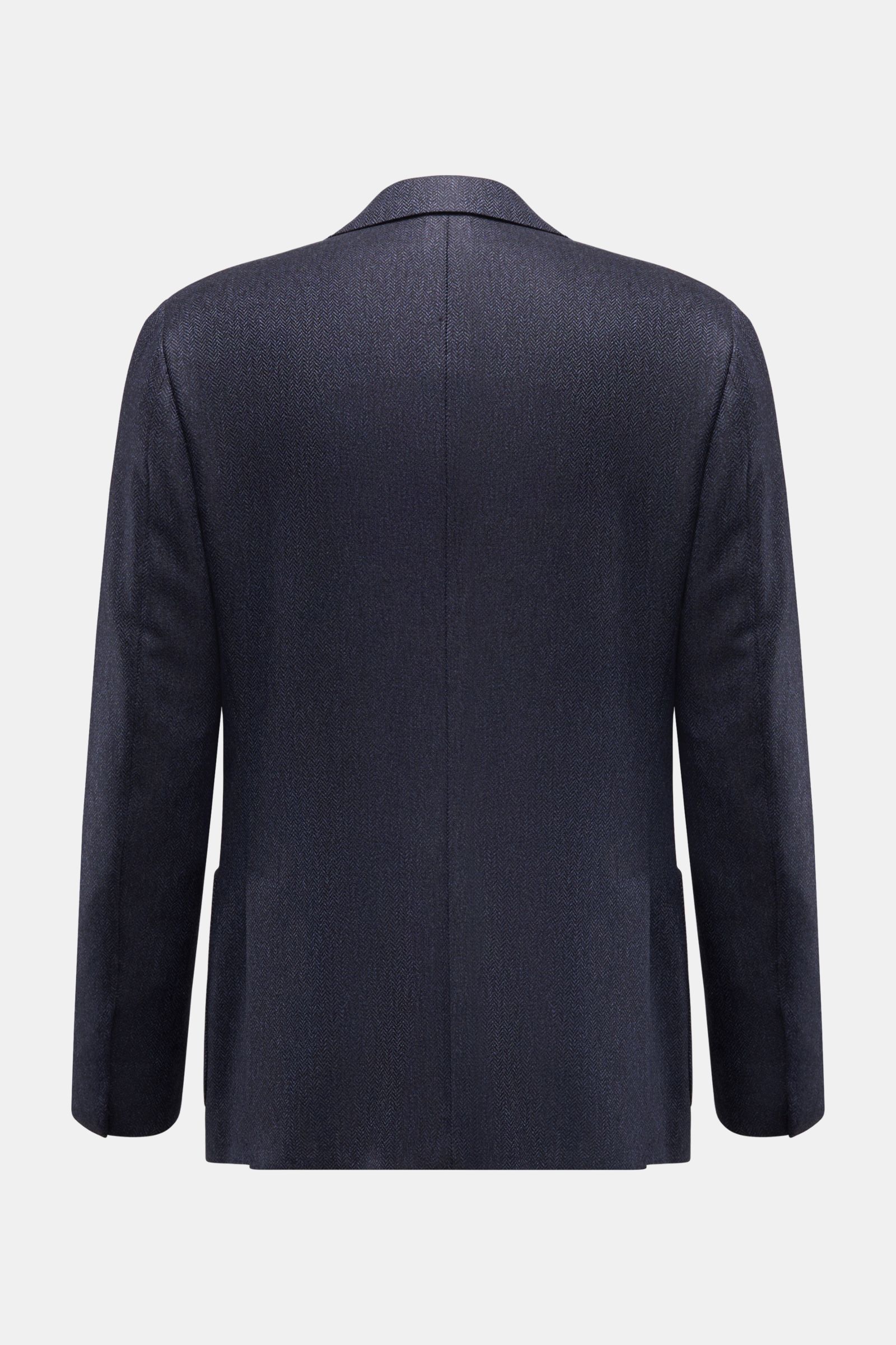 Corneliani Sakko dark navy meliert, Slim Fit, reine Wolle, tonaler Fischgrat, Rückansicht mit Seitenschlitzen, halb gefüttert, tailliert, Zwei-Knopf-Stil.