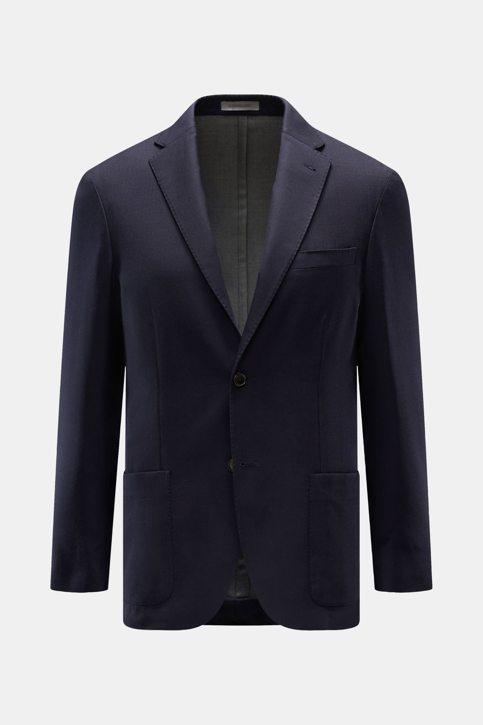Corneliani Sakko navy, frontale Ansicht, Slim Fit, taillierter Zwei-Knopf-Stil, Mix aus Schurwolle und Seide, weicher Griff, fallendes Revers, Brusttasche, aufgesetzte Hüfttaschen, Ärmelabschlüsse unfertig, rückwärtige Seitenschlitze, Unconstructed Design